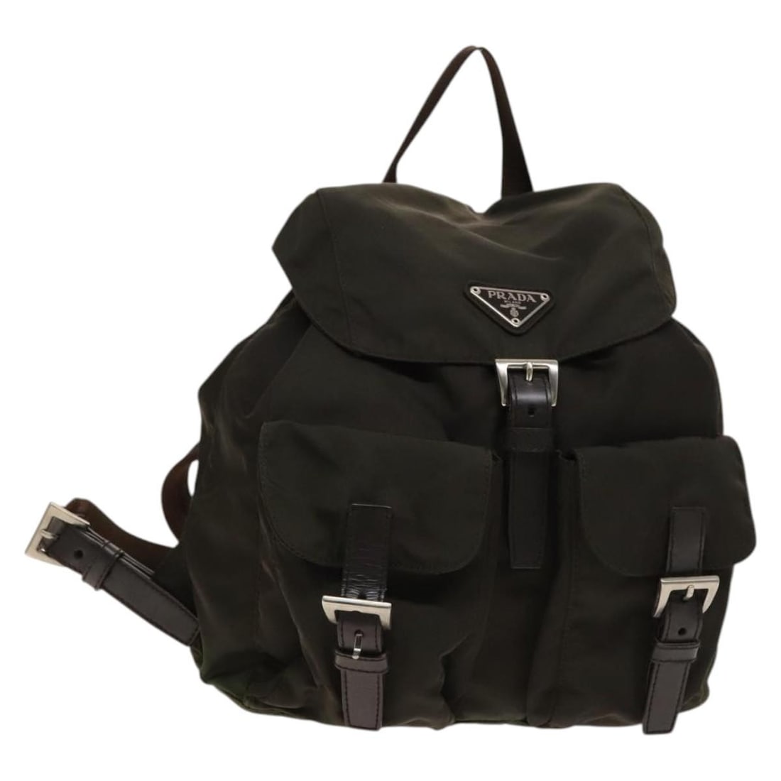 Prada Nylon Khaki and Silver Women's Backpack Made in Italy: Prada Nylon Khaki and Silver Women's Backpack Made in Italy This PRADA backpack is crafted from khaki-colored nylon with silver-tone accents. Designed for women, it features a compact profile and prac