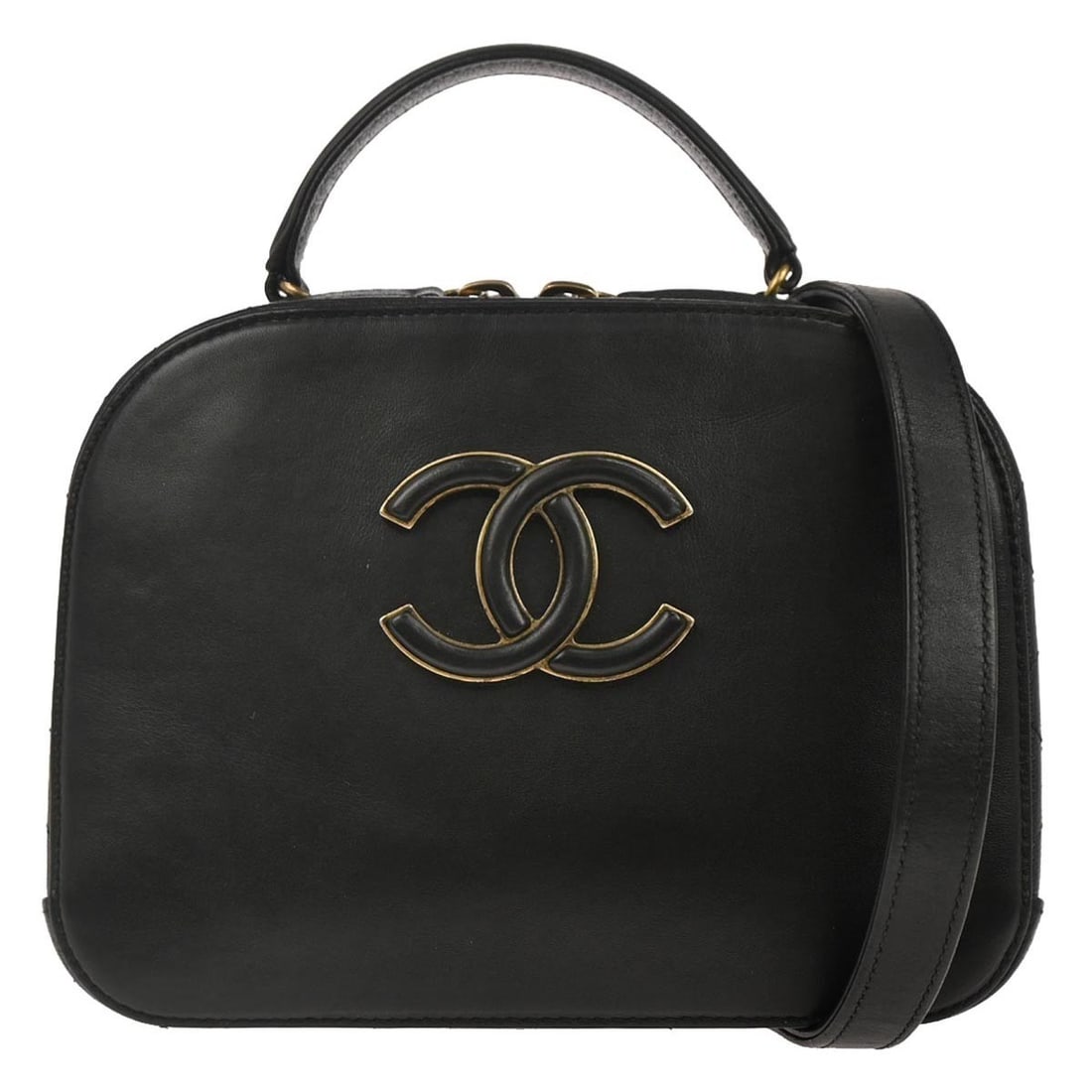 Chanel Coco Curve Vanity Case Black Leather Quilted Handbag: Chanel Coco Curve Vanity Case Black Leather Quilted Handbag This Chanel Coco Curve Vanity Case features a black calfskin and quilted goatskin leather exterior, designed for women. The case offers a sp
