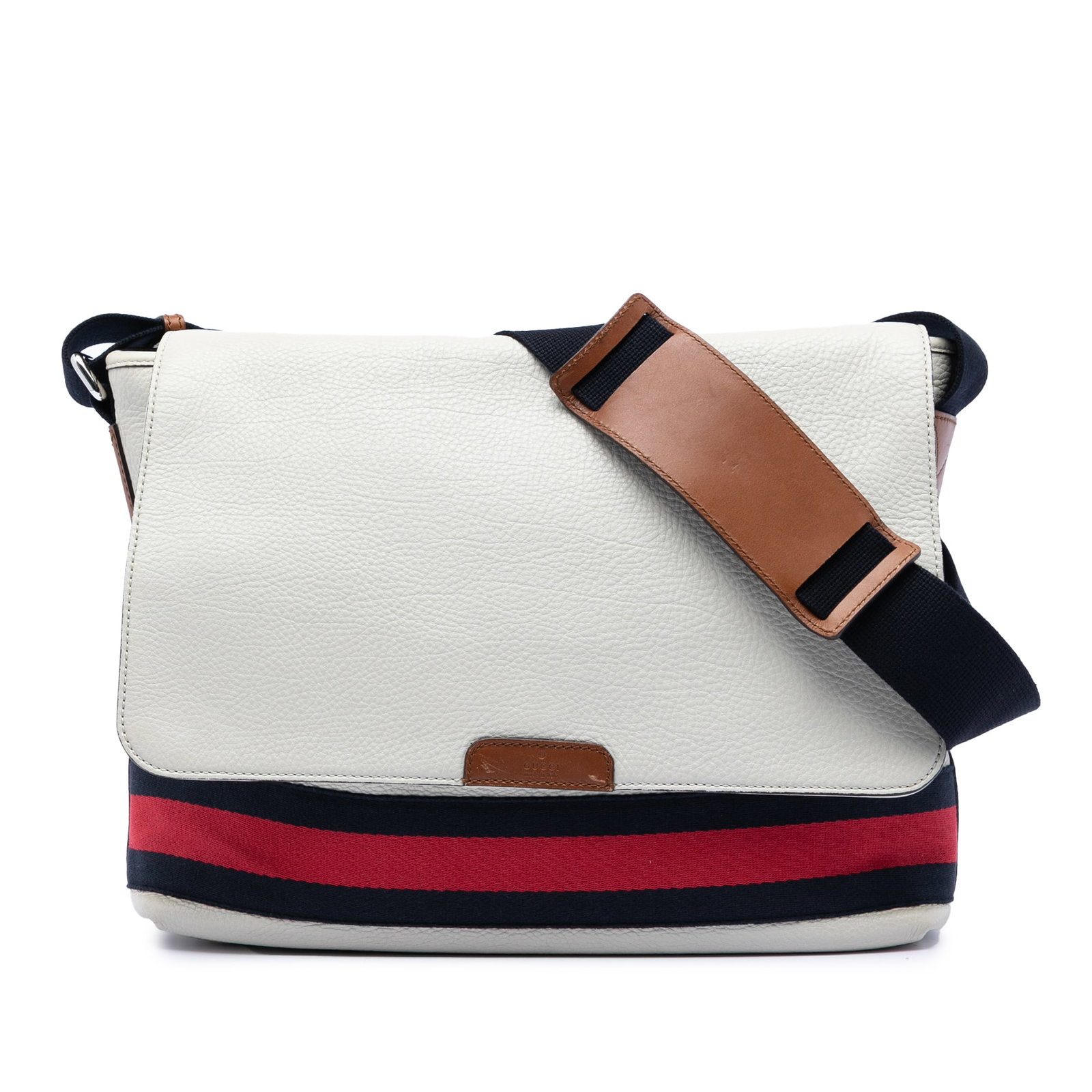 White Leather Crossbody Messenger by Gucci with Web Detail: White Leather Crossbody Messenger by Gucci with Web Detail This Gucci Leather Web Messenger Bag is crafted from white leather and features an adjustable flat strap, a flap with magnetic snap closure, 