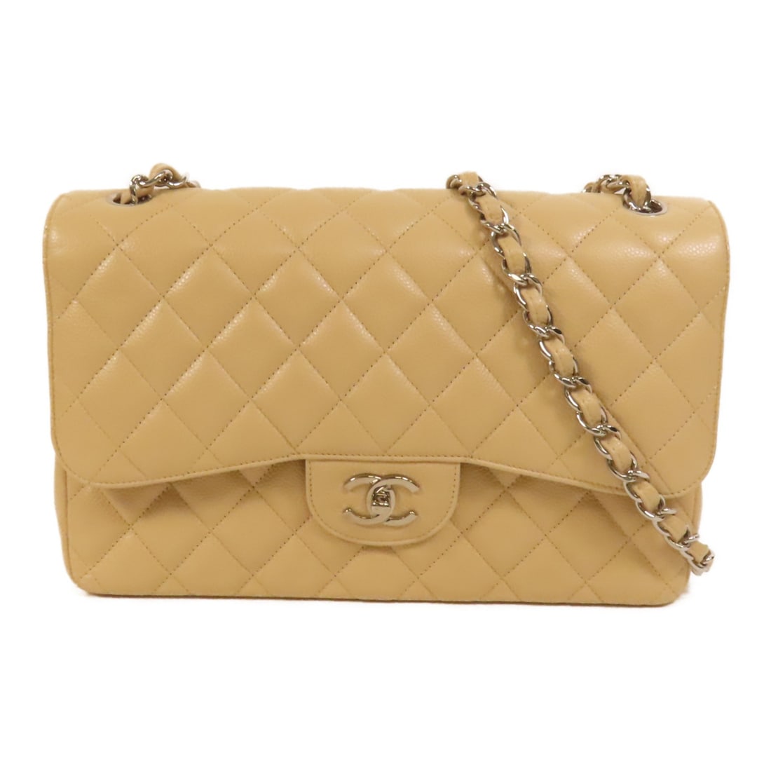CHANEL Jumbo Chain Shoulder Bag Calfskin Leather Beige: CHANEL Jumbo Chain Shoulder Bag Calfskin Leather Beige This exquisite CHANEL Jumbo Chain Shoulder Bag is crafted from luxurious beige calfskin leather, offering a sophisticated touch to any outfit. Wi