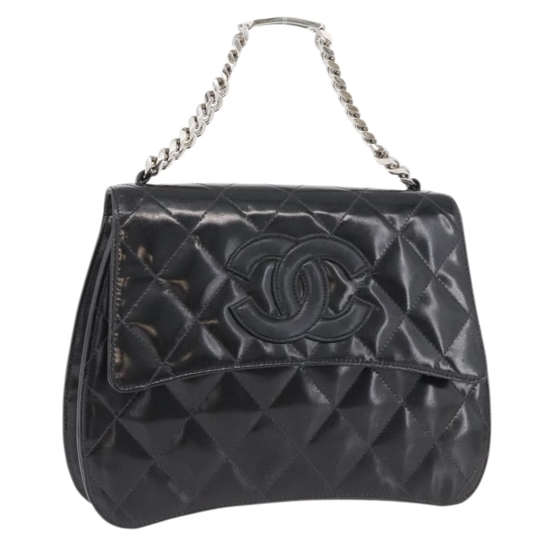 Black Patent Leather Matelasse Handbag with Silver Chain by Chanel: Black Patent Leather Matelasse Handbag with Silver Chain by Chanel This CHANEL Matelasse chain handbag is crafted from black patent leather with silver-tone accents. Designed for women, it features a 