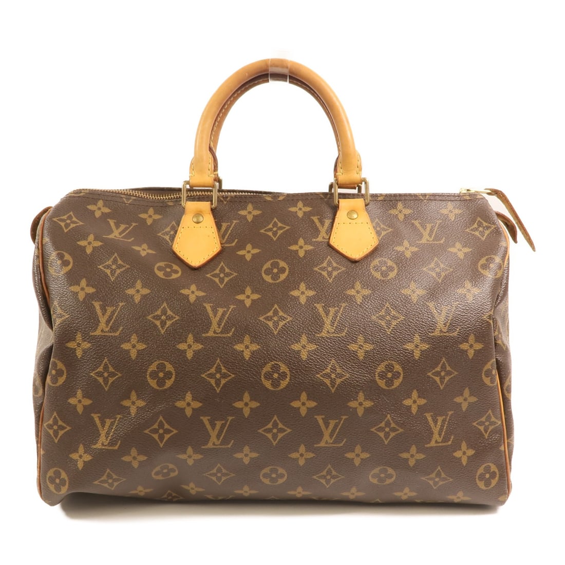 Louis Vuitton Speedy 35 Monogram Handbag with Gold Tone Hardware Brown: Louis Vuitton Speedy 35 Monogram Handbag with Gold Tone Hardware Brown This Louis Vuitton Speedy 35 handbag features the iconic Monogram pattern on brown PVC coated canvas. Designed for women, it offe
