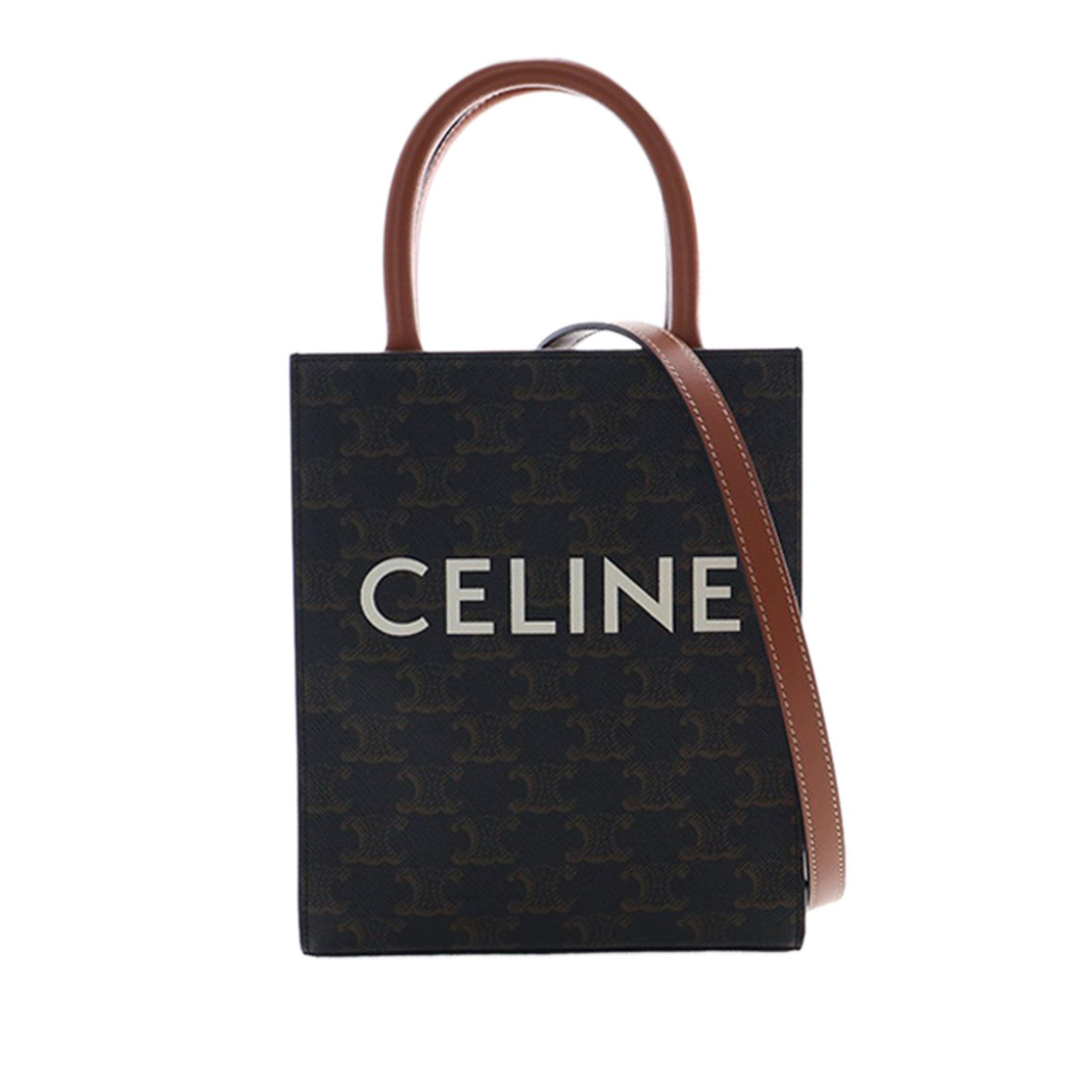 Mini Triomphe Vertical Cabas Brown Coated Canvas Satchel by Celine: Mini Triomphe Vertical Cabas Brown Coated Canvas Satchel by Celine This satchel features a coated canvas body with rolled leather handles and a detachable flat leather strap. It has an open top design