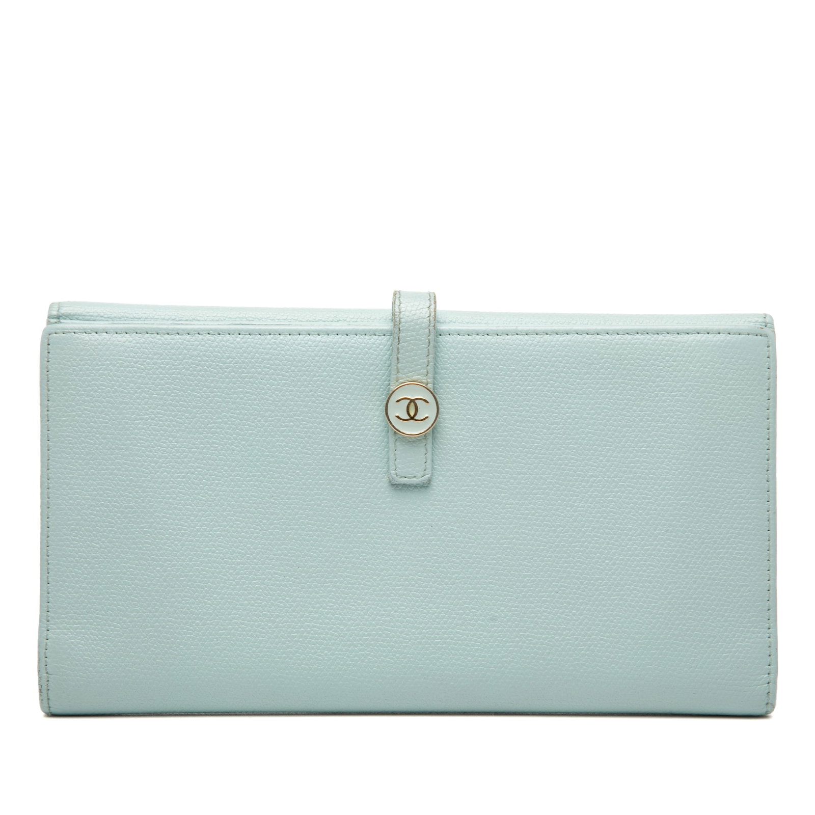 Blue Leather Long Wallet by Chanel with Coco Button Detail: Blue Leather Long Wallet by Chanel with Coco Button Detail This Chanel Leather Coco Button Long Wallet is crafted from blue leather and features a top strap with a snap button closure. The wallet is d