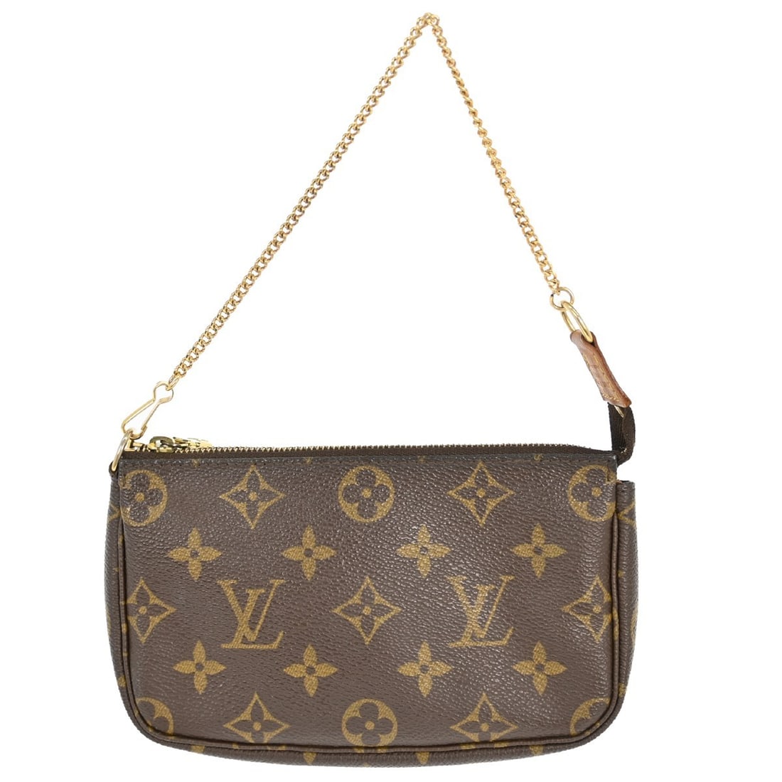 Louis Vuitton Monogram Mini Bucket Pouch with Top Handle and Chain Strap: Louis Vuitton Monogram Mini Bucket Pouch with Top Handle and Chain Strap This Louis Vuitton Monogram Bucket attached pouch is crafted from signature monogram canvas leather with a brown exterior and f
