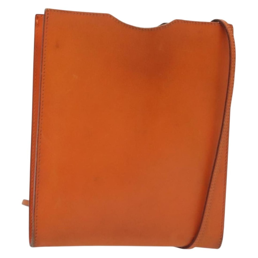 Hermes Omenitu Orange Leather Shoulder Bag France: Hermes Omenitu Orange Leather Shoulder Bag France This Hermes Omenitu shoulder bag features an orange leather exterior with a slim profile. The bag shows signs of heavy use, including shape loss, rubb