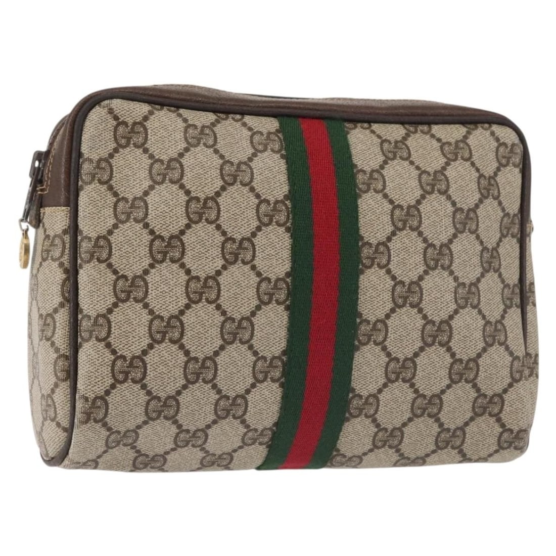 GUCCI GG Supreme Sherry Line Beige Red Clutch Bag PVC Made in Italy: GUCCI GG Supreme Sherry Line Beige Red Clutch Bag PVC Made in Italy This authentic GUCCI GG Supreme Web Sherry Line Clutch Bag exudes sophistication and style. Crafted from durable PVC leather, it fea
