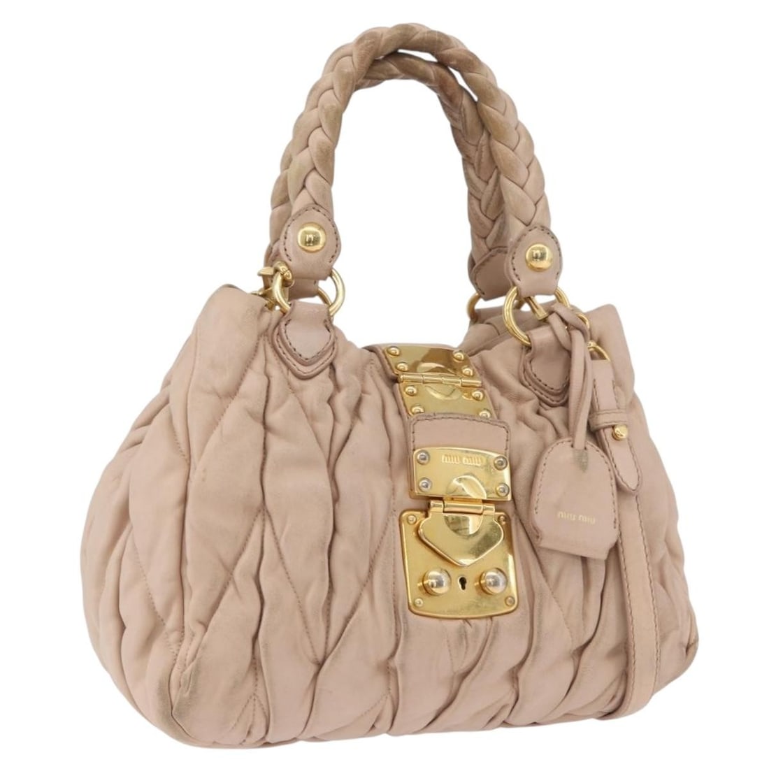 Miu Miu Pink Matelasse Leather Convertible Shoulder and Handbag with Gold Accents: Miu Miu Pink Matelasse Leather Convertible Shoulder and Handbag with Gold Accents This Miu Miu Matelasse 2-way handbag features a pink and gold leather exterior and can be carried by hand or worn with