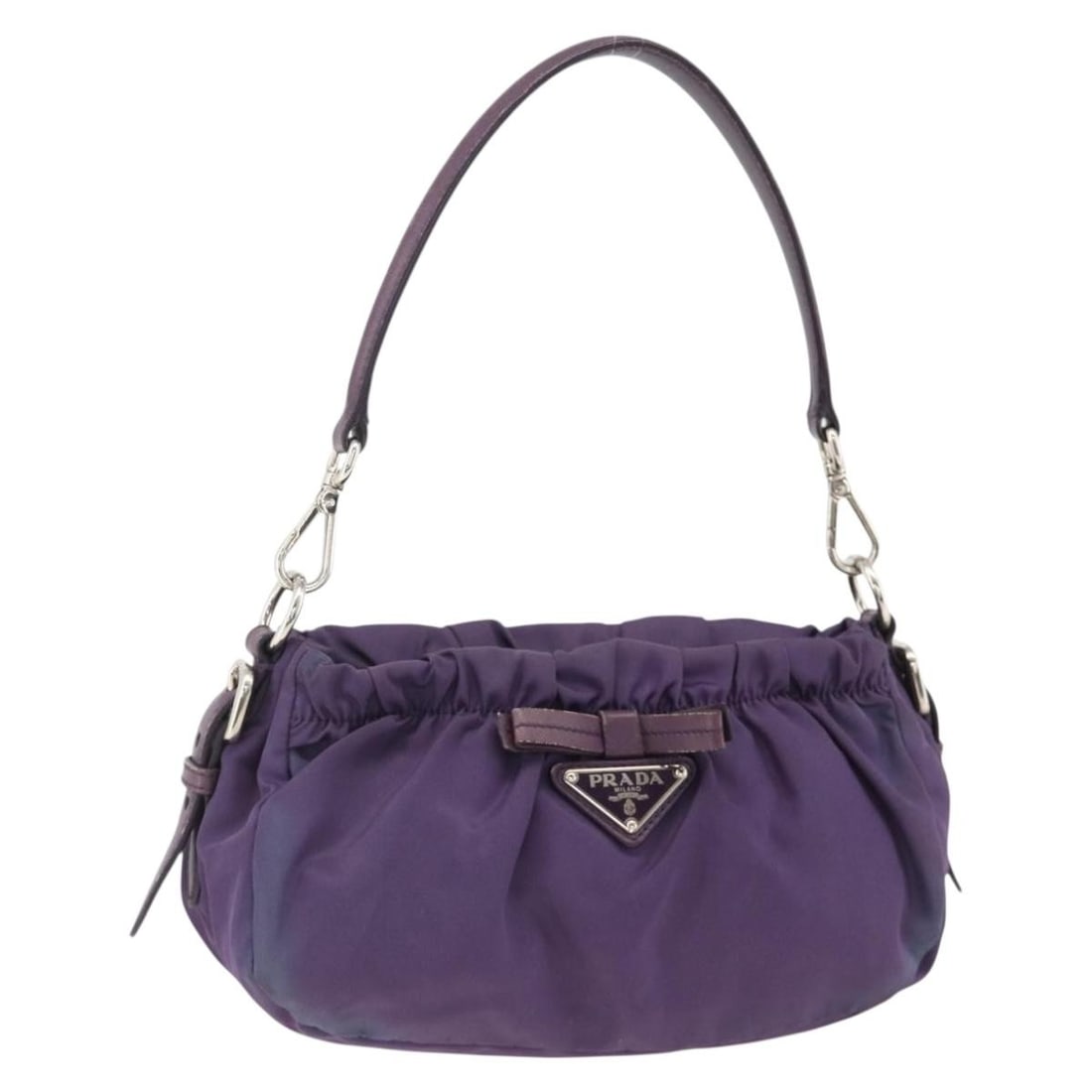 Prada Purple Nylon Shoulder Bag with Silver Accents and Guarantee Card: Prada Purple Nylon Shoulder Bag with Silver Accents and Guarantee Card This authentic PRADA shoulder bag features a stylish purple and silver nylon exterior and is designed for women. The bag includes