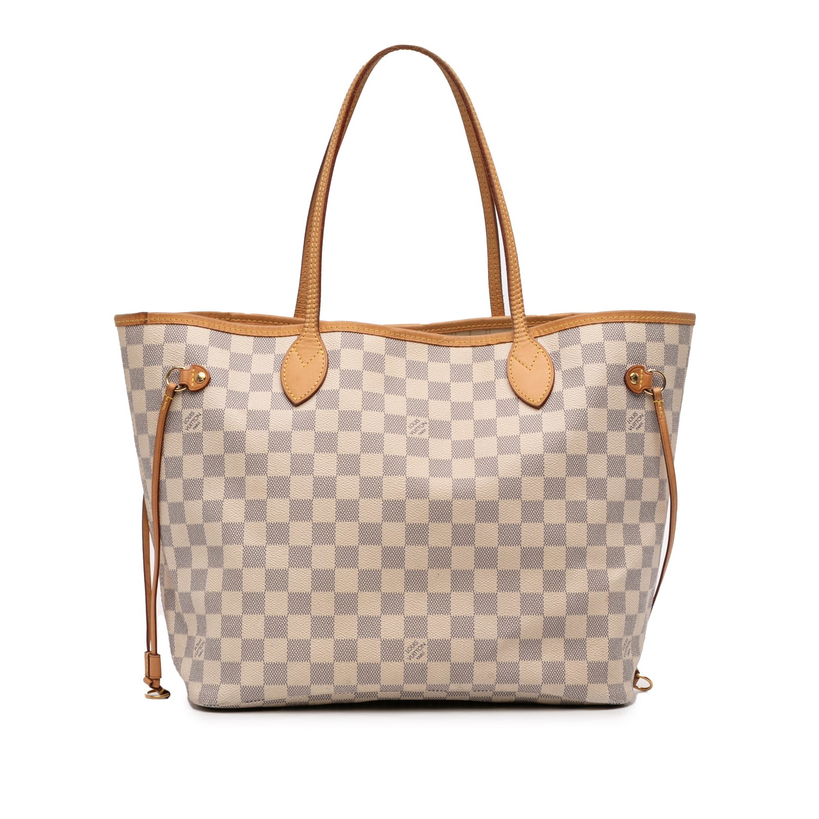 Neverfull MM Tote in Damier Azur Canvas with Vachetta Leather Trim: Neverfull MM Tote in Damier Azur Canvas with Vachetta Leather Trim This Louis Vuitton Neverfull MM features the iconic Damier Azur canvas with vachetta leather trim and flat handles. The bag has an op