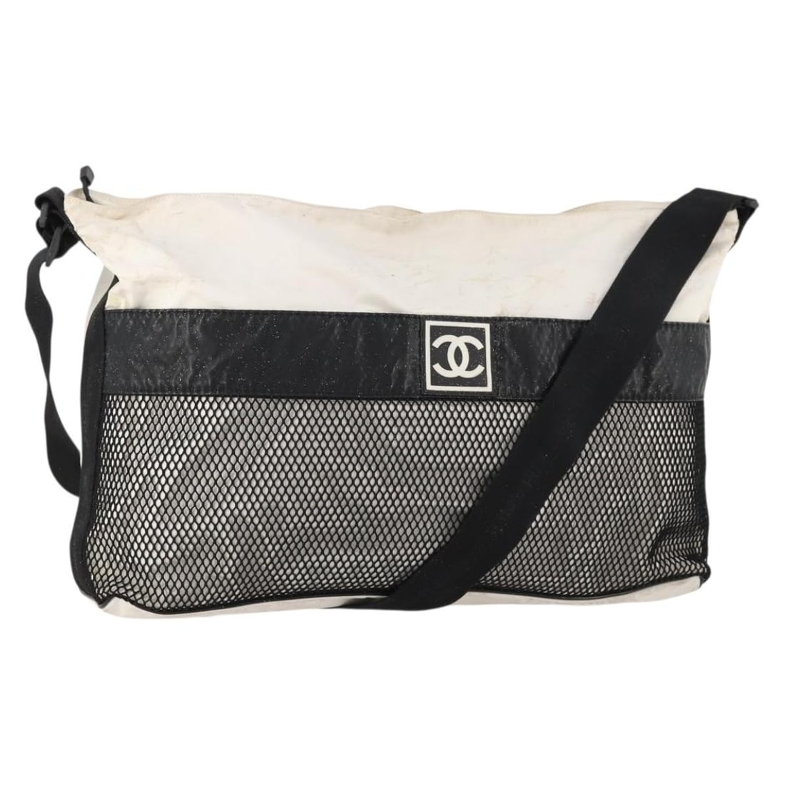 Chanel Sports Line White and Black Nylon Shoulder Bag for Women: Chanel Sports Line White and Black Nylon Shoulder Bag for Women This CHANEL Sports Line shoulder bag is crafted from nylon in a striking white and black color combination. Designed for women, it featu