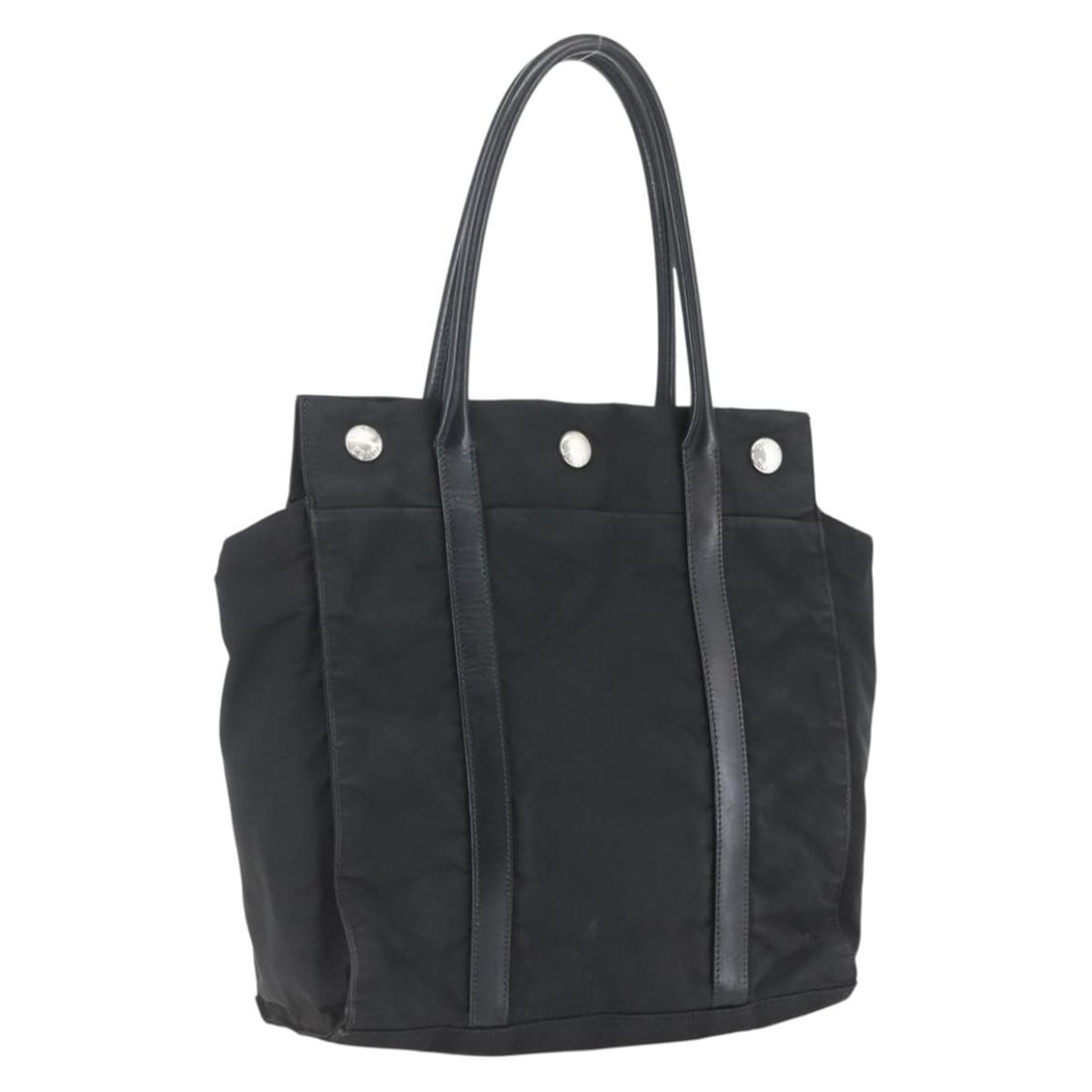 Prada Black Nylon Women's Handbag with Silver Tone Details: Prada Black Nylon Women's Handbag with Silver Tone Details This PRADA handbag features a black nylon exterior with silver-tone accents. Designed for women, it offers a spacious interior and practical 