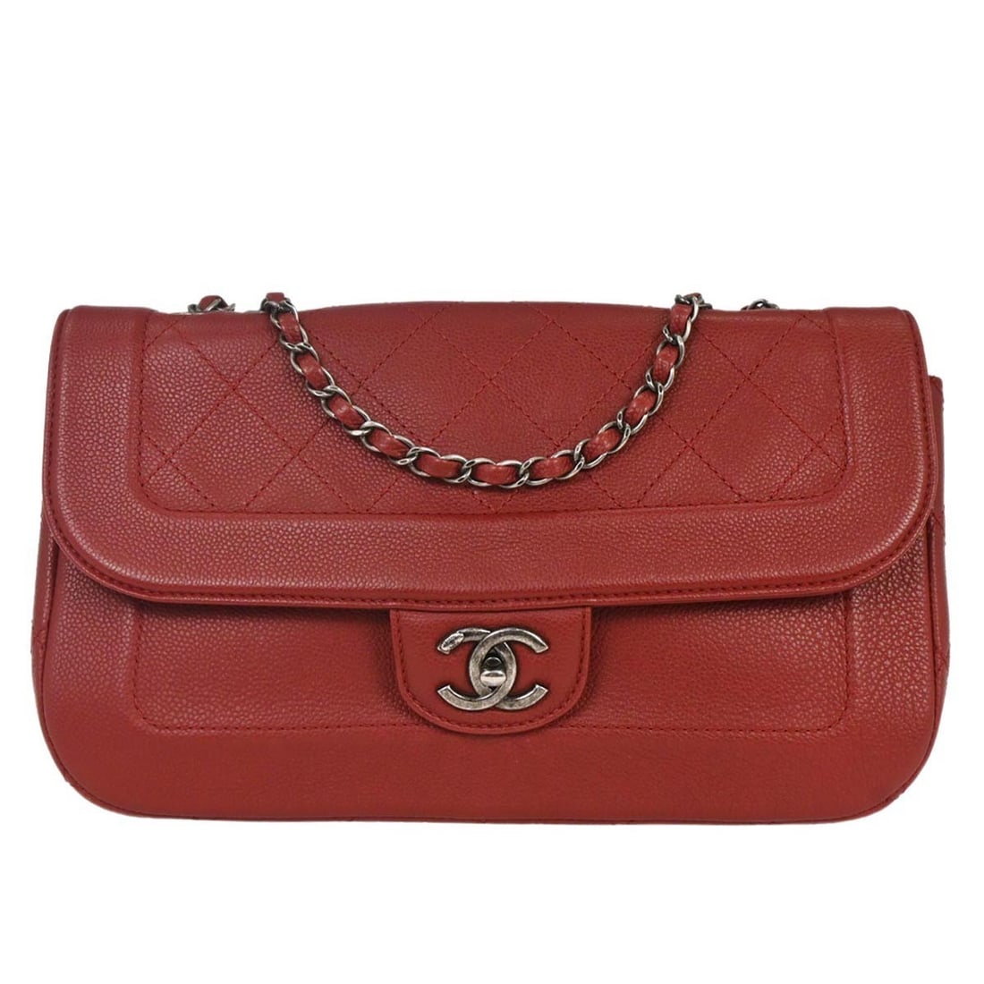Red Quilted Caviar Leather Shoulder Bag by Chanel Vintage Chain Flap: Red Quilted Caviar Leather Shoulder Bag by Chanel Vintage Chain Flap This pre-owned Chanel Vintage Chain Flap Bag features quilted red caviar leather and is designed for women. The shoulder bag is cra