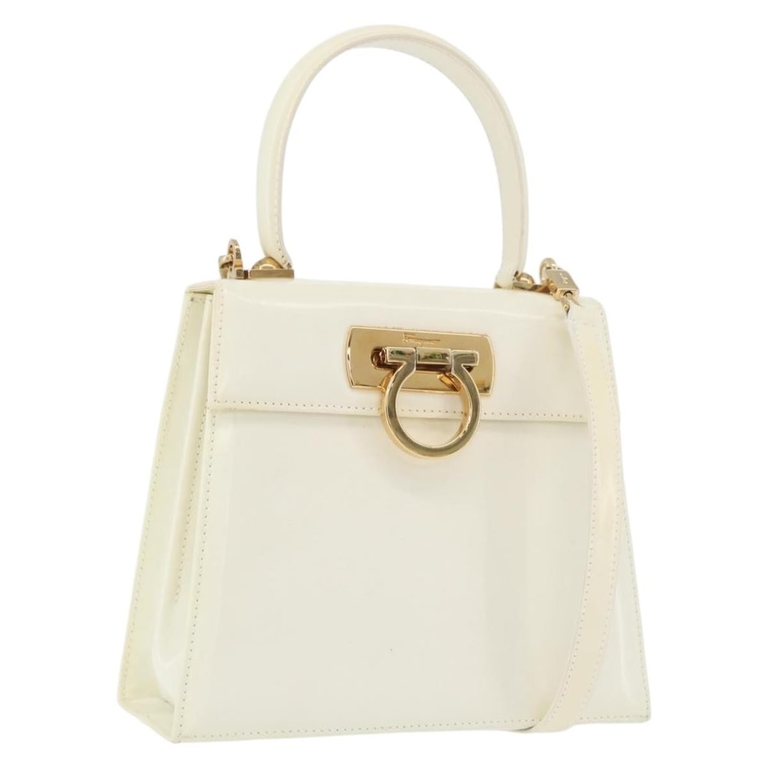 Salvatore Ferragamo Gancini Ivory Patent Leather Convertible Handbag with Strap: Salvatore Ferragamo Gancini Ivory Patent Leather Convertible Handbag with Strap This Salvatore Ferragamo Gancini handbag is crafted from ivory and gold patent leather and offers both hand and shoulder