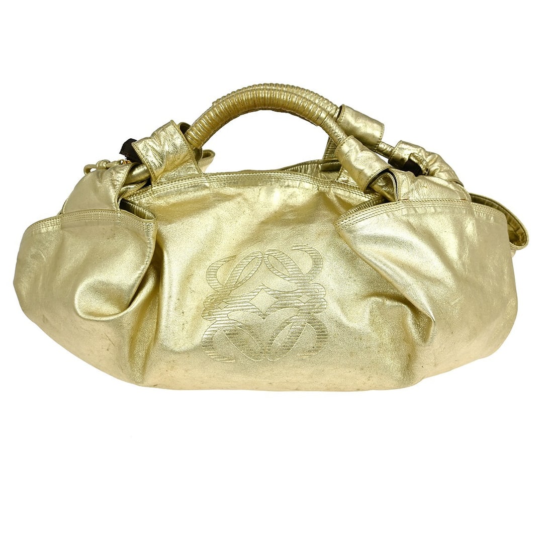 Loewe Nappa Aire Large Gold Lambskin Tote Double Handles: Loewe Nappa Aire Large Gold Lambskin Tote Double Handles This Loewe Nappa Aire tote handbag is crafted from gold lambskin leather and features a large, spacious design. It is equipped with double leat