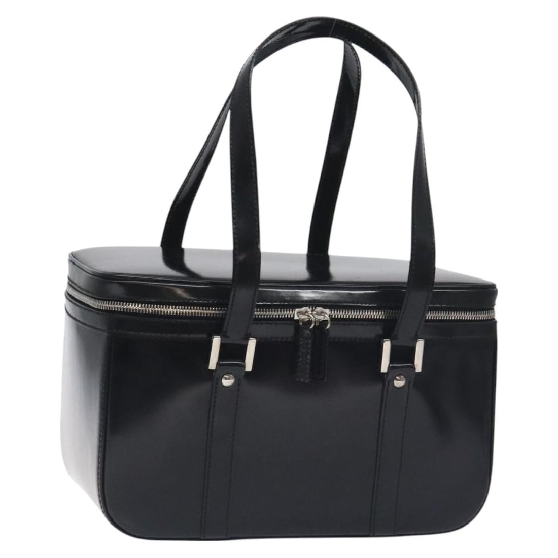 GUCCI Black Silver Enamel Hand Bag with Mirror Auth am8761: GUCCI Black Silver Enamel Hand Bag with Mirror Auth am8761 This authentic GUCCI hand bag showcases a sophisticated design with a striking black and silver enamel exterior. Perfect for stylish everyday