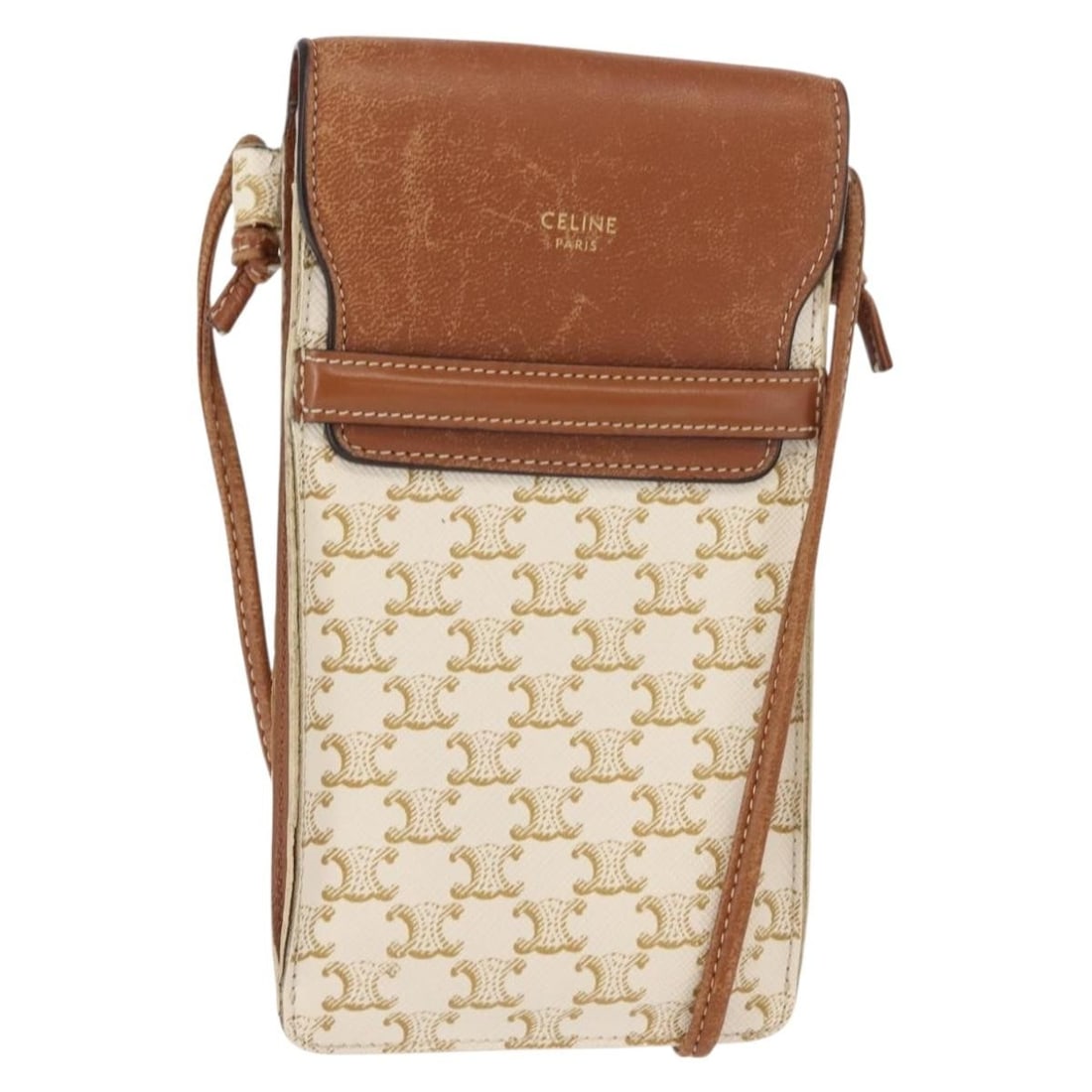 CELINE Triomphe Beige PVC Leather Phone Pouch Auth 150473: CELINE Triomphe Beige PVC Leather Phone Pouch Auth 150473 This CELINE Triomphe Macadam Canvas Phone Pouch is a stylish shoulder bag crafted from durable PVC leather in a beautiful beige color. Made in