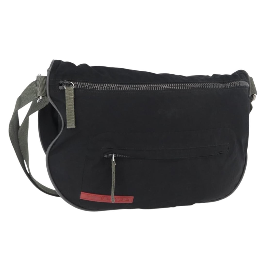 Nylon Black Shoulder Bag by Prada Sports Line Silver Accents: Nylon Black Shoulder Bag by Prada Sports Line Silver Accents This PRADA Sports Line shoulder bag features a black and silver nylon exterior and is designed for both style and functionality. The bag is