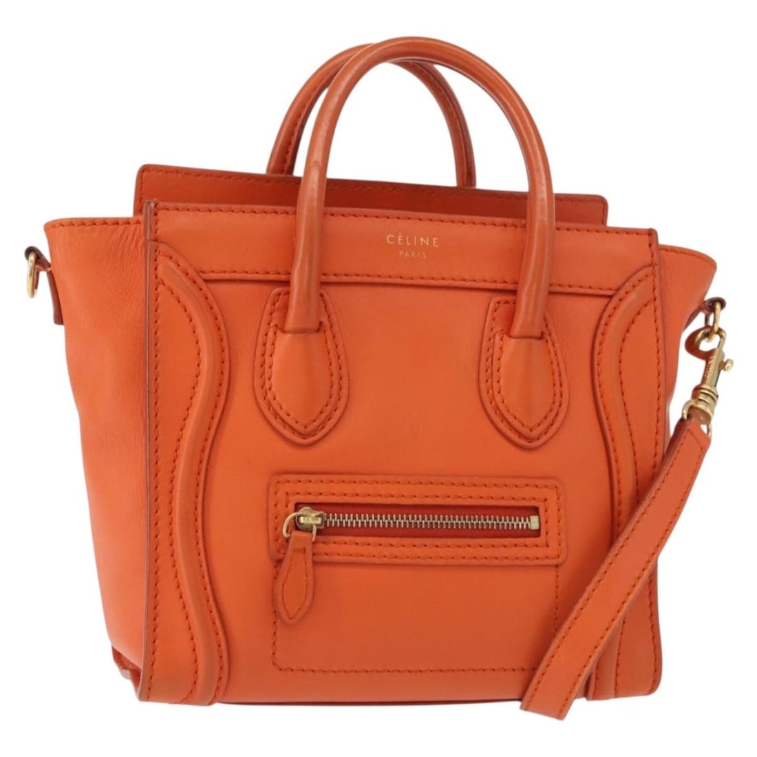 CELINE Luggage Nano Hand Bag Leather Orange Gold 2way Authentic: CELINE Luggage Nano Hand Bag Leather Orange Gold 2way Authentic This CELINE Luggage Nano Shopper Hand Bag features a vibrant orange and gold leather exterior, showcasing the brand's iconic style. Made