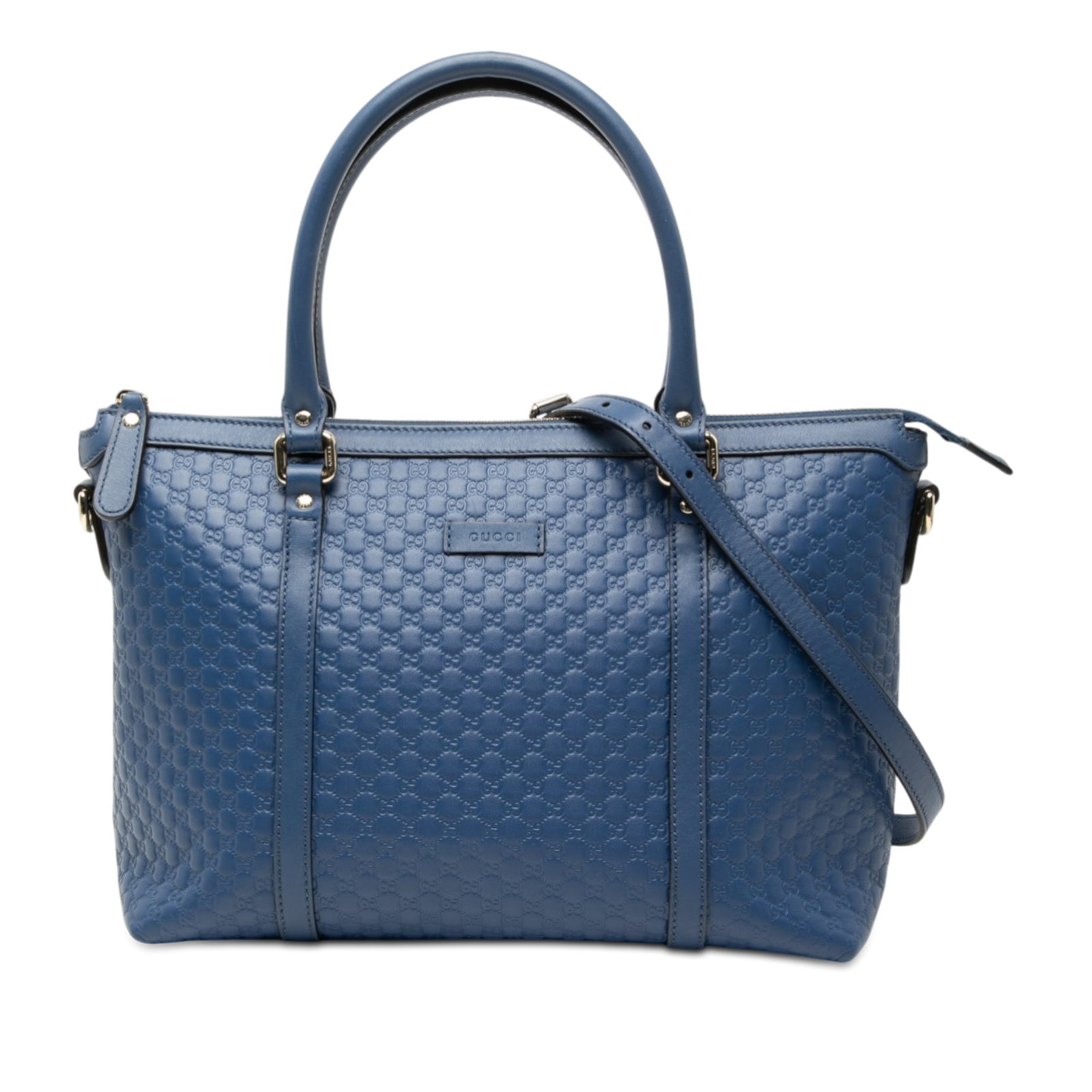 Gucci Blue Leather Microguccissima Joy Small Satchel with Detachable Strap: Gucci Blue Leather Microguccissima Joy Small Satchel with Detachable Strap The Gucci Small Microguccissima Joy Satchel features an embossed leather body in blue, rolled leather handles, a detachable f