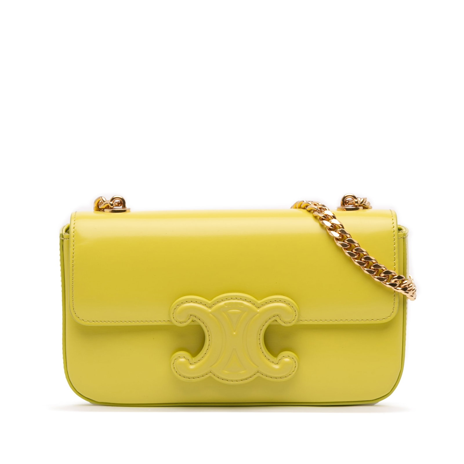 Celine Yellow Calfskin Cuir Triomphe Chain Shoulder Bag: Celine Yellow Calfskin Cuir Triomphe Chain Shoulder Bag Elevate your accessory collection with the Celine Calfskin Cuir Triomphe Chain Shoulder Bag. This stylish bag features a luxurious leather body 