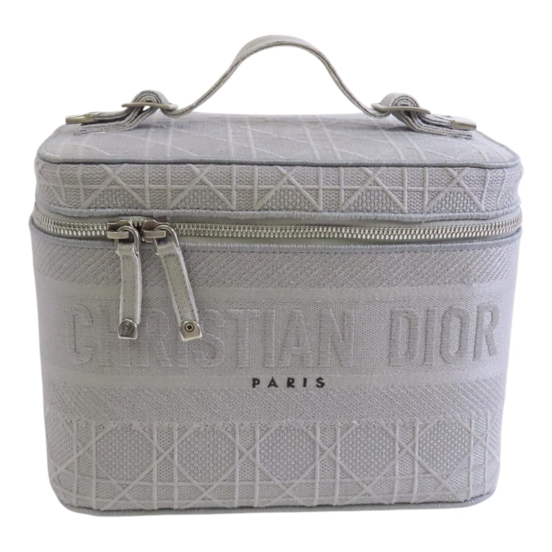 Christian Dior Gray Canvas Vanity Case Handbag: Christian Dior Gray Canvas Vanity Case Handbag This Christian Dior CD Vanity Case Handbag is a stylish accessory crafted from durable gray canvas. Measuring 9.4 inches in length, 5.1 inches in depth, 