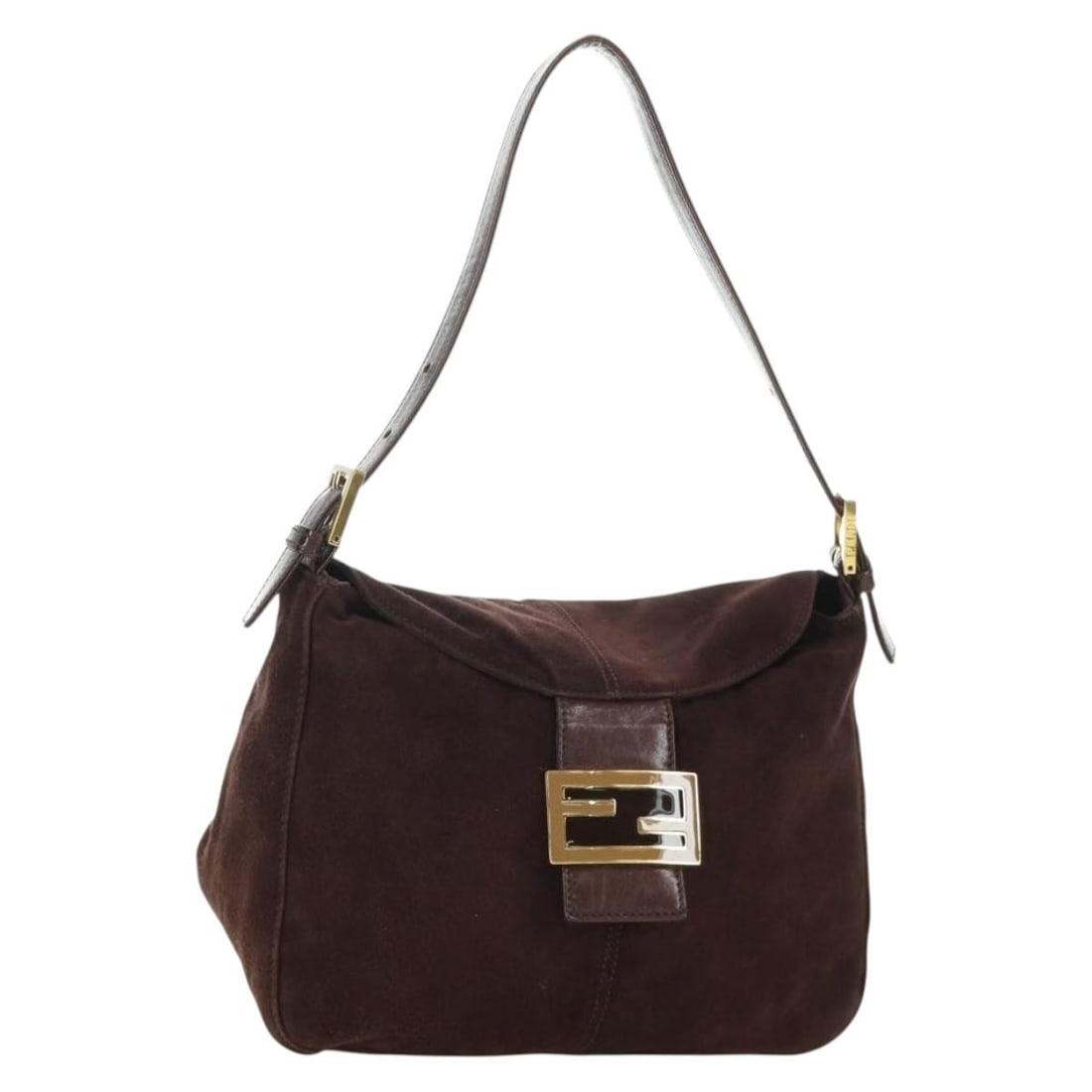 Fendi Mamma Baguette Brown Suede Shoulder Bag Gold Hardware with Dust Bag: Fendi Mamma Baguette Brown Suede Shoulder Bag Gold Hardware with Dust Bag This FENDI Mamma Baguette shoulder bag is crafted from brown and gold suede leather and is designed for women. It features a c