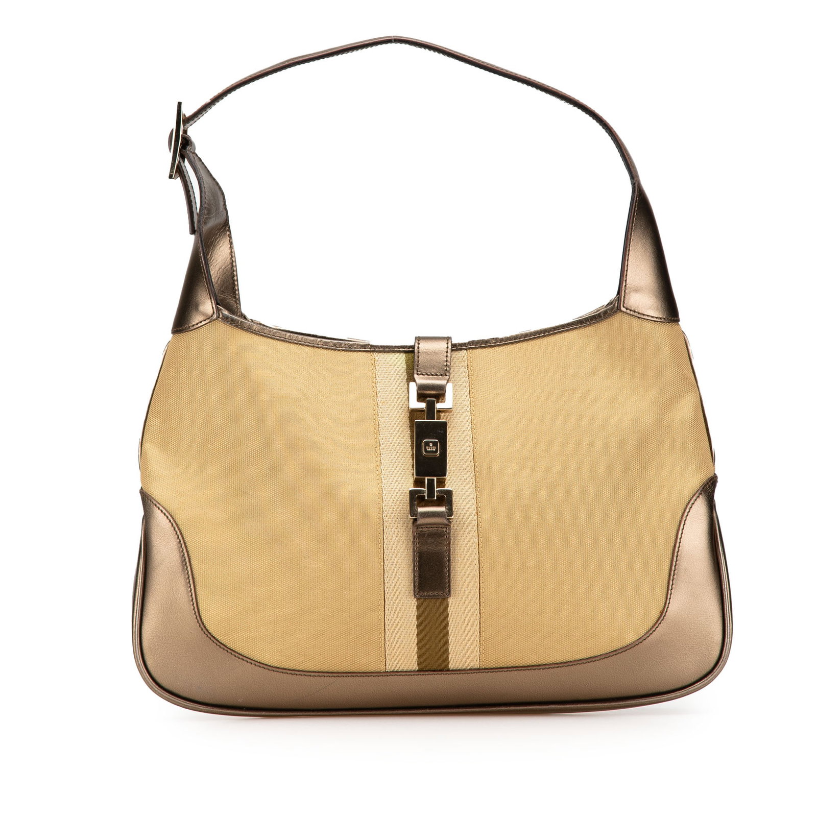 Gucci Jackie Shoulder Bag in Canvas with Web Stripe and Leather Trim: Gucci Jackie Shoulder Bag in Canvas with Web Stripe and Leather Trim The Gucci Canvas Web Jackie Shoulder Bag features a brown canvas body with leather trim, a flat leather strap, an open top with a f
