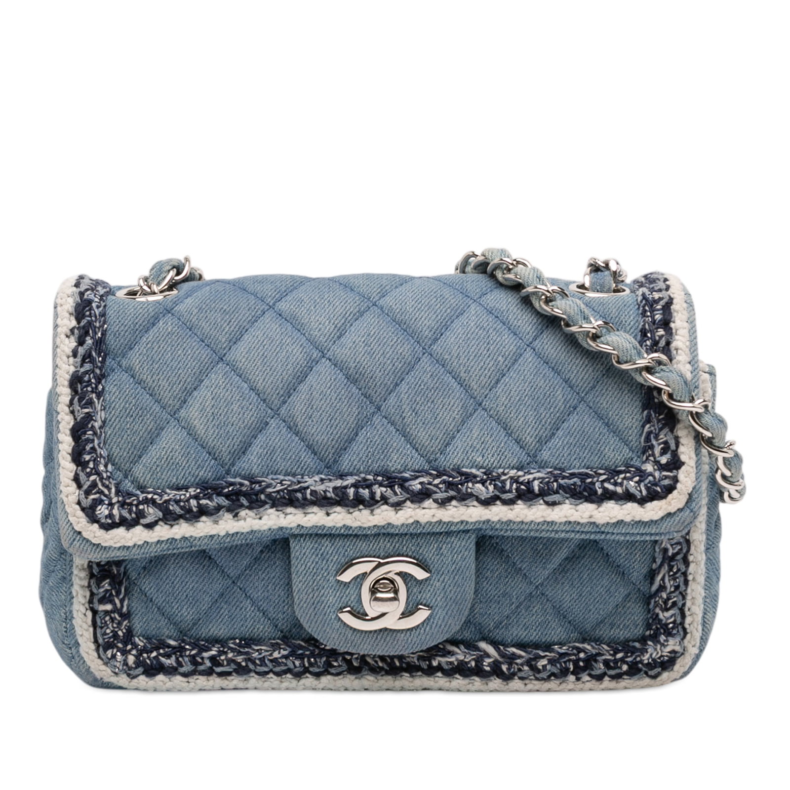 Chanel Mini Rectangular Denim Crossbody Bag with Braided Flap: Chanel Mini Rectangular Denim Crossbody Bag with Braided Flap This Chanel Mini Rectangular Classic Denim Braided Single Flap is a crossbody bag featuring a quilted denim body with tweed trim and a den