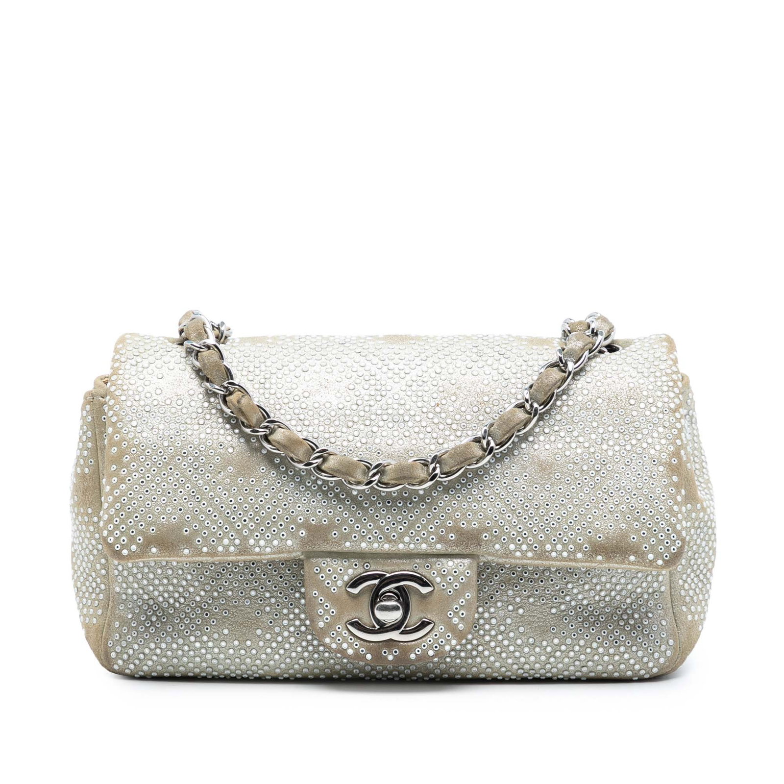 Chanel Mini Rectangular Beige Iridescent Leather Strass Embellished Crossbody Bag: Chanel Mini Rectangular Beige Iridescent Leather Strass Embellished Crossbody Bag This Chanel Mini Rectangular Iridescent Calfskin Strass Embellished Single Flap crossbody bag features a quilted leath