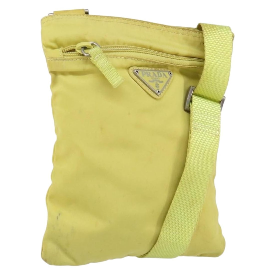 PRADA Nylon Shoulder Bag Yellow Silver Authentic 152691 Italy: PRADA Nylon Shoulder Bag Yellow Silver Authentic 152691 Italy This PRADA shoulder bag is crafted from durable nylon in a vibrant yellow and silver color combination, offering a stylish yet functional 