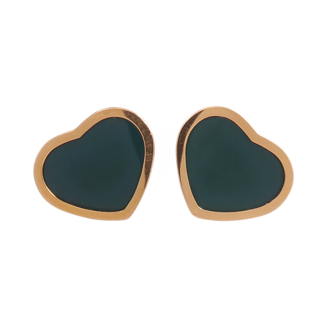 Happy Hearts 18K Rose Gold Green Pierced Earrings by Chopard: Happy Hearts 18K Rose Gold Green Pierced Earrings by Chopard These Chopard Happy Hearts earrings are crafted from 18K pink (rose) gold and feature a green frame. Designed as pierced earrings, they do 