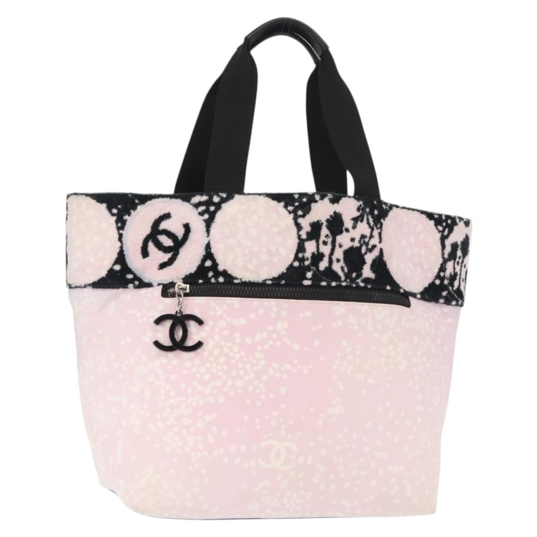 Chanel Pink and Silver Canvas Tote with CC Logo and Guarantee Card: Chanel Pink and Silver Canvas Tote with CC Logo and Guarantee Card This is a CHANEL tote bag crafted from pink and silver canvas. The bag features a spacious interior and dual handles. It comes with a