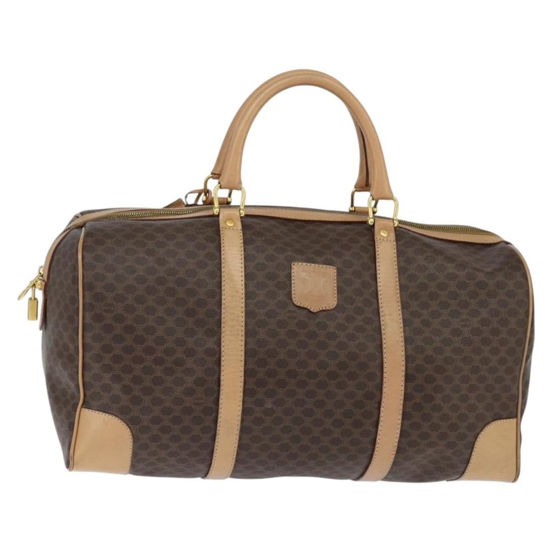 CELINE Macadam Canvas Boston Bag PVC Leather Brown Gold Auth 121362: CELINE Macadam Canvas Boston Bag PVC Leather Brown Gold Auth 121362 Introducing the CELINE Macadam Canvas Boston Bag, a luxurious accessory that embodies Italian craftsmanship. This stunning bag featu