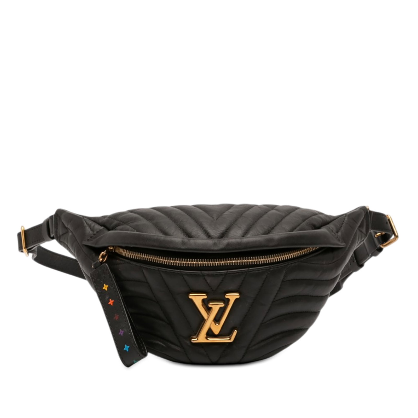 Black Leather Quilted Waist Bag Louis Vuitton New Wave Collection: Black Leather Quilted Waist Bag Louis Vuitton New Wave Collection The Louis Vuitton New Wave Bumbag features a quilted leather body with a flat leather waist strap and a top zip closure. This stylish 
