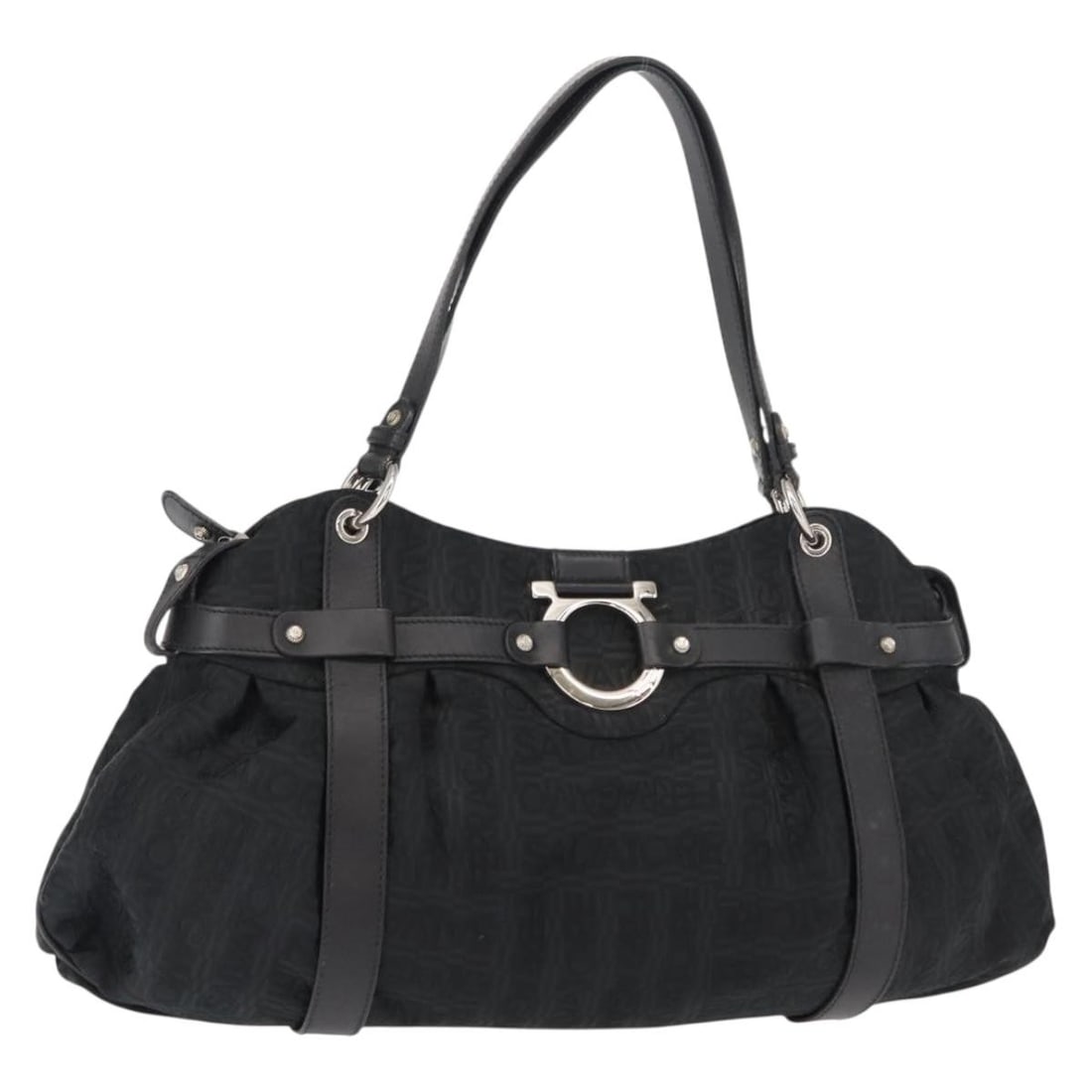 Ferragamo Gancini Black Canvas Tote Bag Silver Accents Italy: Ferragamo Gancini Black Canvas Tote Bag Silver Accents Italy This Salvatore Ferragamo Gancini tote bag features a black and silver canvas exterior with silver-tone hardware. The bag is designed for wo