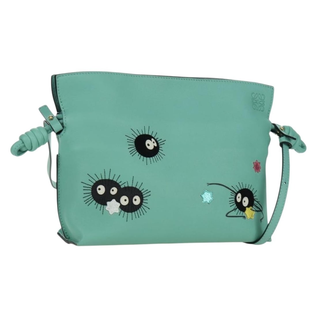 Loewe Flamenco Spirited Away Blue Leather Shoulder Bag Ghibli Susuwatari: Loewe Flamenco Spirited Away Blue Leather Shoulder Bag Ghibli Susuwatari This LOEWE x Ghibli Flamenco Susuwatari Spirited Away shoulder bag is crafted from leather in a light blue and gold color schem