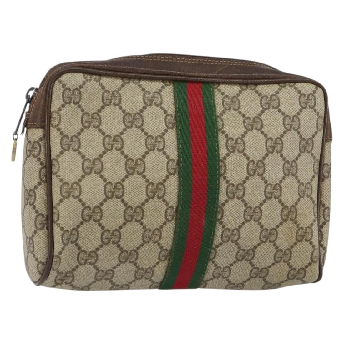 GUCCI GG Supreme Sherry Line Beige PVC Clutch Bag 63 014 3553 Auth: GUCCI GG Supreme Sherry Line Beige PVC Clutch Bag 63 014 3553 Auth Introducing the GUCCI GG Supreme Web Sherry Line Clutch Bag, a stylish accessory crafted in Italy. This exquisite clutch features a b