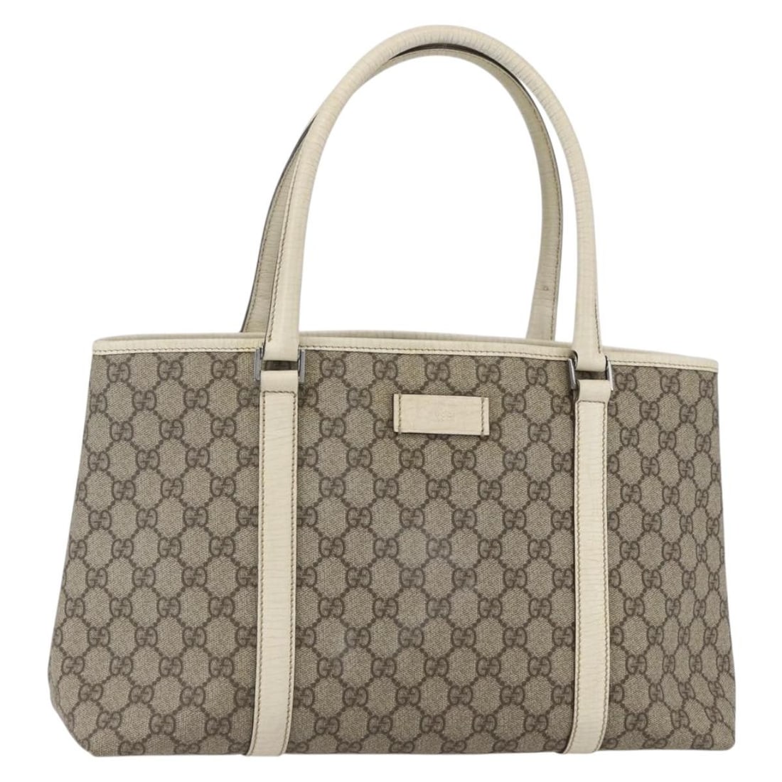 GUCCI GG Supreme Beige Silver Tote Bag PVC Italy 114595 Auth: GUCCI GG Supreme Beige Silver Tote Bag PVC Italy 114595 Auth This authentic GUCCI GG Supreme Tote Bag features a stylish combination of beige and silver PVC leather, making it a chic addition to your 