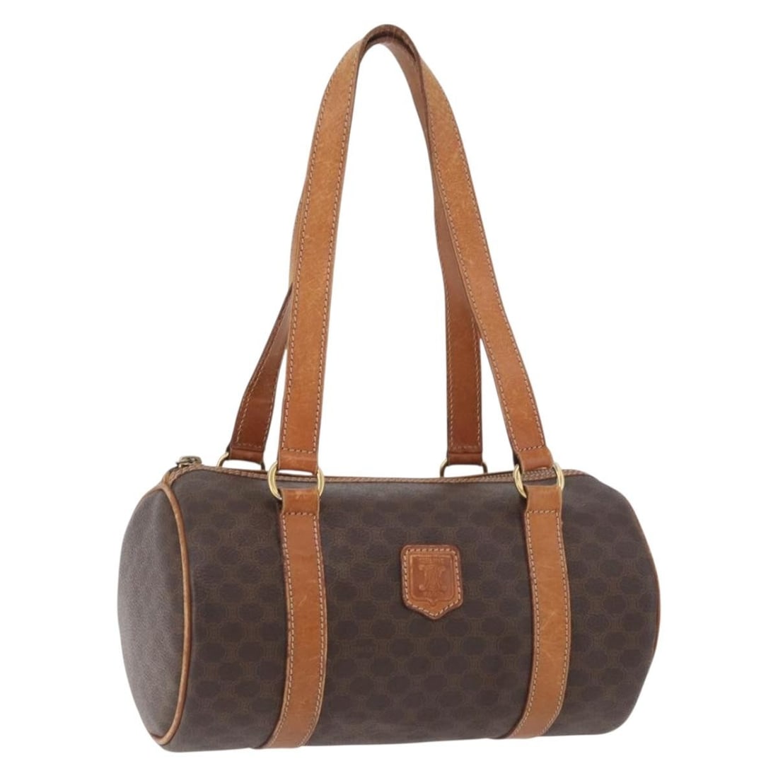 Celine Macadam Brown Gold PVC Leather Shoulder Bag for Women: Celine Macadam Brown Gold PVC Leather Shoulder Bag for Women This CELINE Macadam shoulder bag is crafted from brown PVC leather and signature Macadam canvas, featuring gold-tone accents. Designed for 