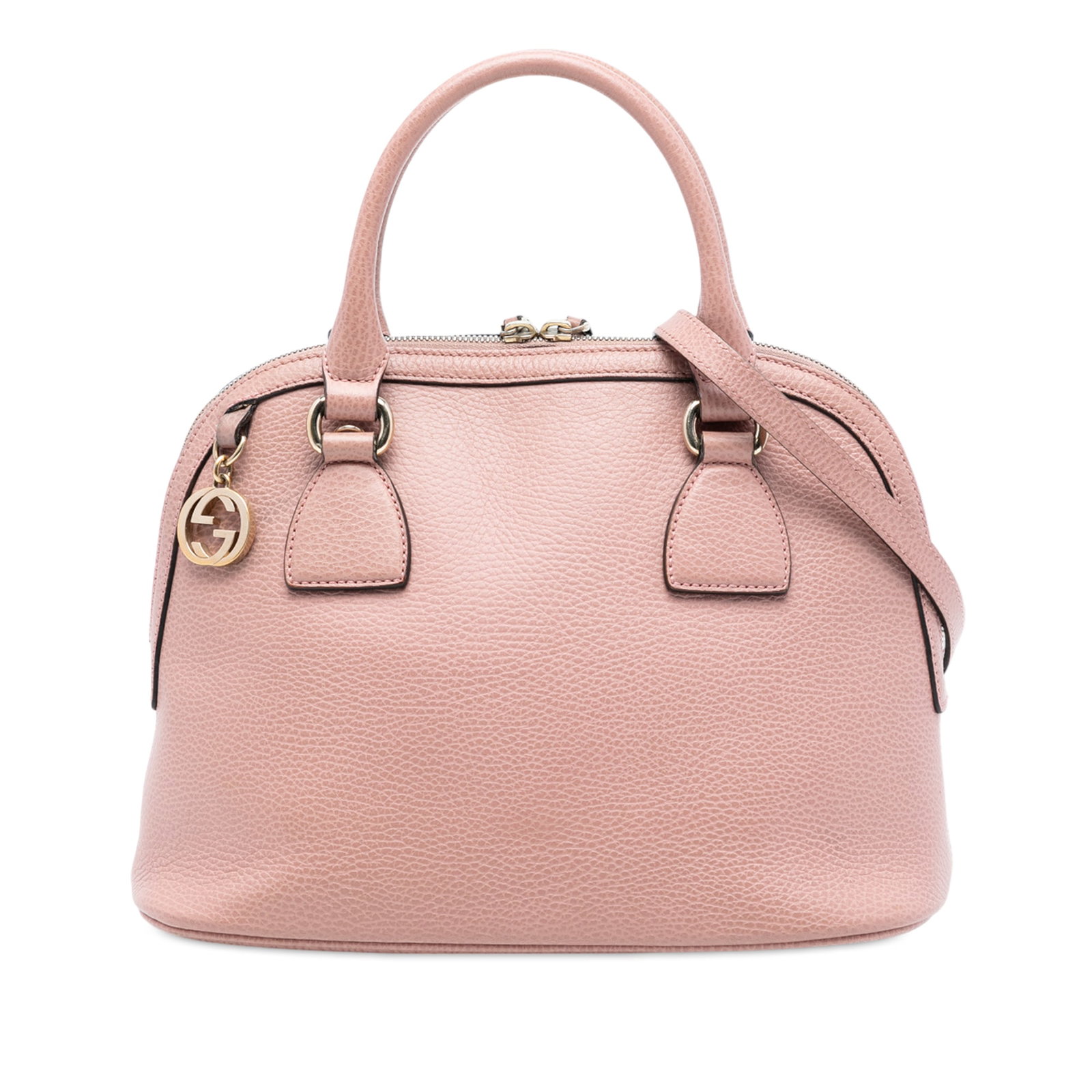 Gucci Pink Leather Dome Satchel with GG Charm and Rolled Handles: Gucci Pink Leather Dome Satchel with GG Charm and Rolled Handles This Gucci Small Dollar Calfskin GG Charm Dome Satchel is crafted in pink calf leather and features rolled leather handles, a detachabl