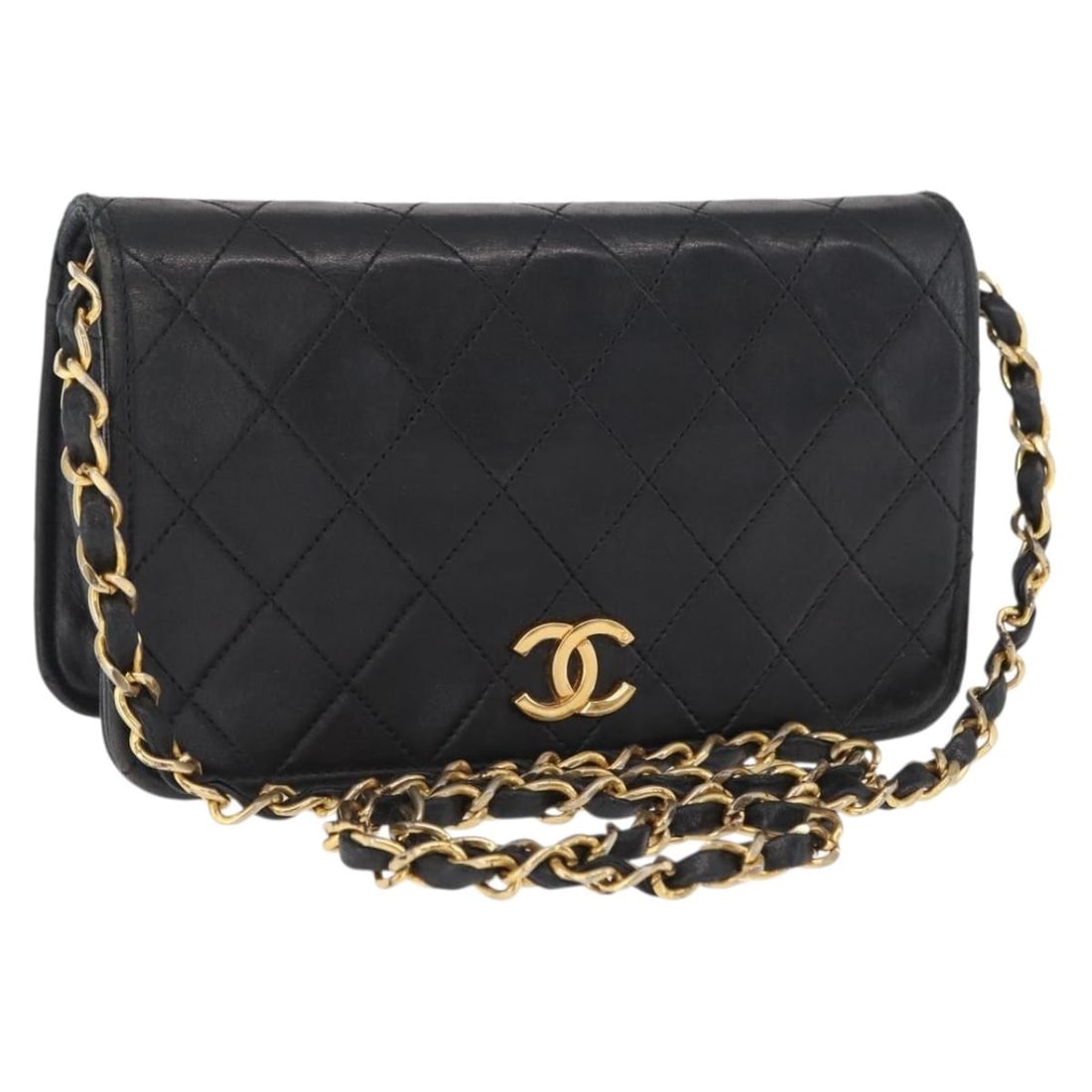 Chanel Black Lambskin Matelasse Shoulder Bag with Gold Chain CC Logo: Chanel Black Lambskin Matelasse Shoulder Bag with Gold Chain CC Logo This CHANEL Matelasse chain shoulder bag is crafted from black lambskin leather with gold-tone accents. Designed for women, it feat