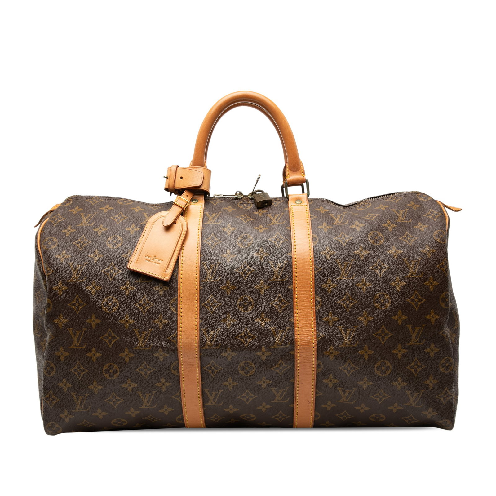 Louis Vuitton Keepall 50 Monogram Canvas Travel Bag With Vachetta Leather Trim: Louis Vuitton Keepall 50 Monogram Canvas Travel Bag With Vachetta Leather Trim This Louis Vuitton Monogram Keepall 50 features a monogram canvas body with vachetta leather trim, rolled vachetta leathe
