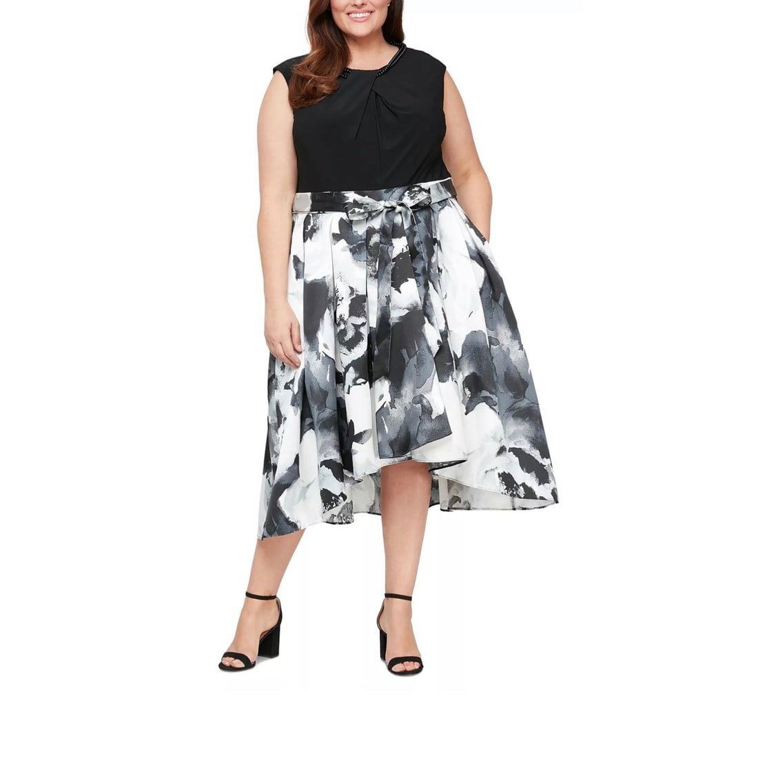 S.L. Fashions Plus Size Floral Midi Dress 16W Black Ivory: S.L. Fashions Plus Size Floral Midi Dress 16W Black Ivory Discover elegance with this plus size embellished-neck floral-skirt dress by S.L. Fashions. Designed for formal parties or cocktails, this dre