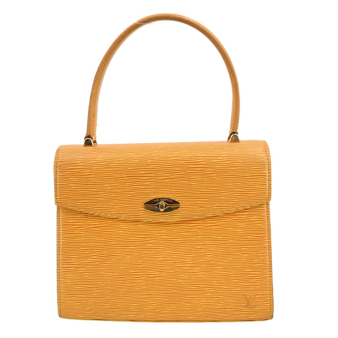 Louis Vuitton Malesherbes Yellow Epi Leather Top Handle Bag M52379: Louis Vuitton Malesherbes Yellow Epi Leather Top Handle Bag M52379 This Louis Vuitton Malesherbes handbag features yellow Epi leather with a top handle and buckle closure. The bag is medium-sized with