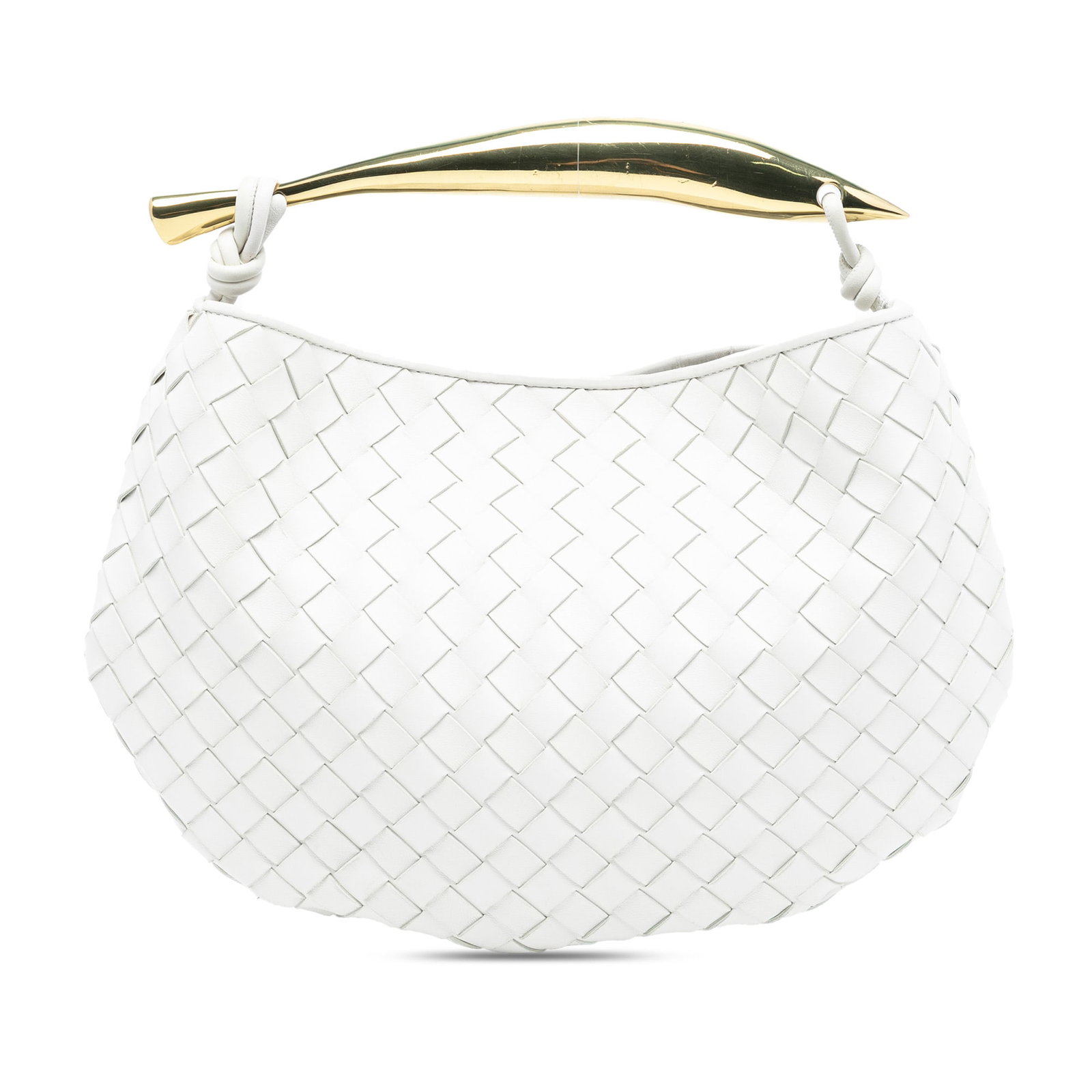 White Lambskin Intrecciato Sardine Satchel by Bottega Veneta: White Lambskin Intrecciato Sardine Satchel by Bottega Veneta This Bottega Veneta satchel features a woven lambskin leather body with a gold-tone metal handle and an open top with magnetic closure. The
