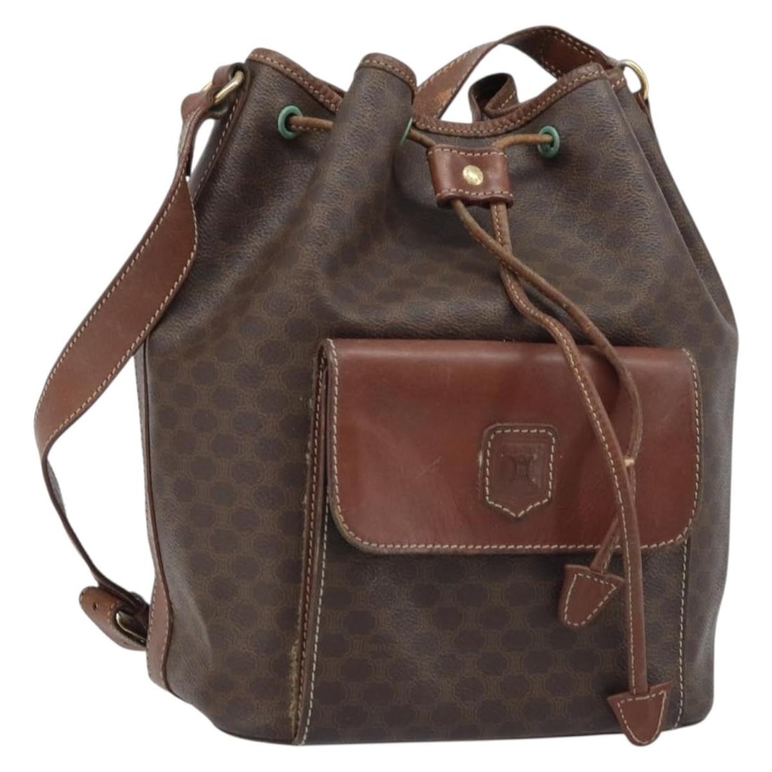 Celine Macadam Brown PVC and Leather Women's Backpack Gold Tone Trim: Celine Macadam Brown PVC and Leather Women's Backpack Gold Tone Trim This CELINE backpack features the iconic Macadam canvas in brown with PVC leather accents and gold-tone details. Designed for women