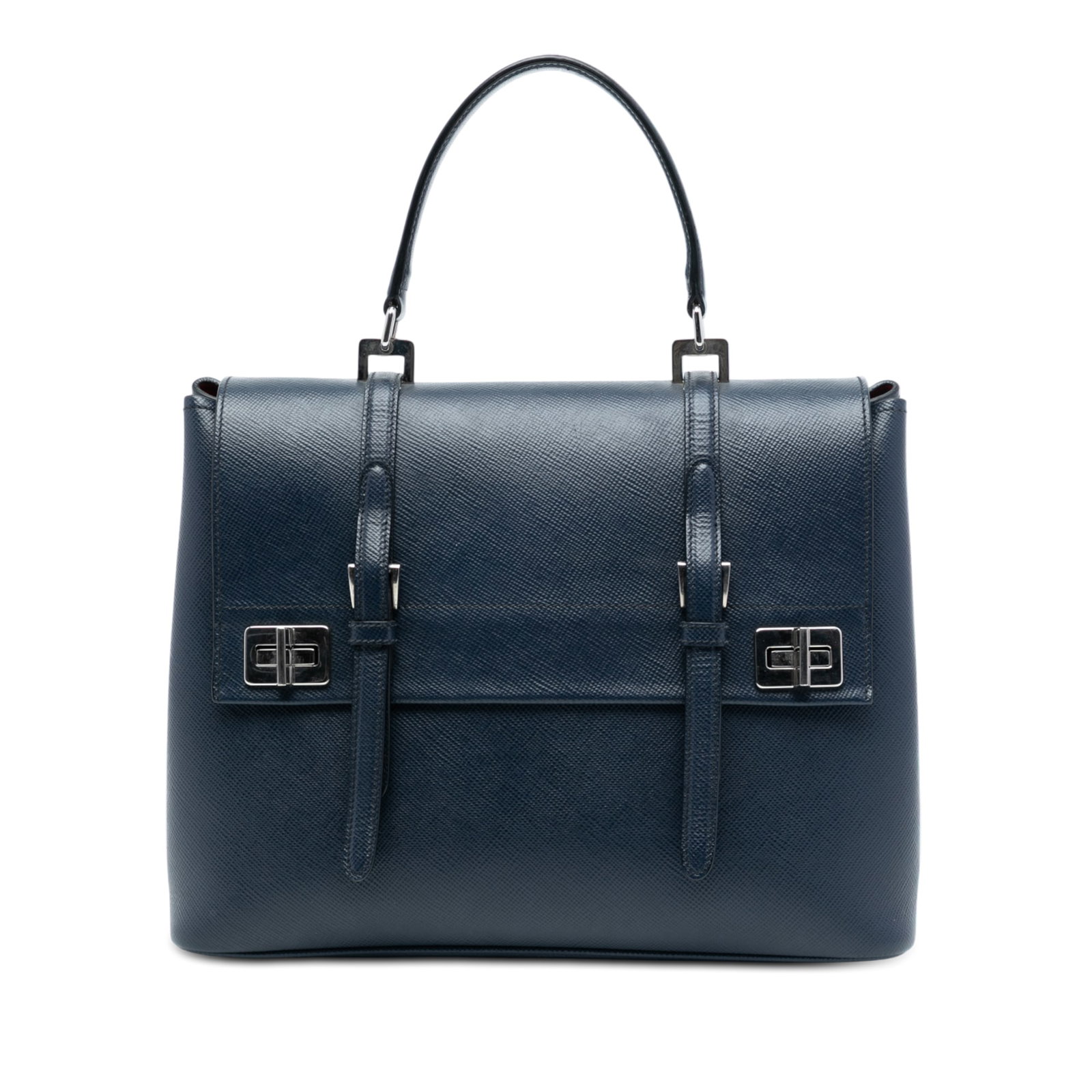 Prada Saffiano Cuir Double Turnlock Leather Satchel Handbag Blue Italy: Prada Saffiano Cuir Double Turnlock Leather Satchel Handbag Blue Italy This Prada Saffiano Cuir Double Turnlock Satchel showcases a structured silhouette crafted from blue saffiano leather. It feature