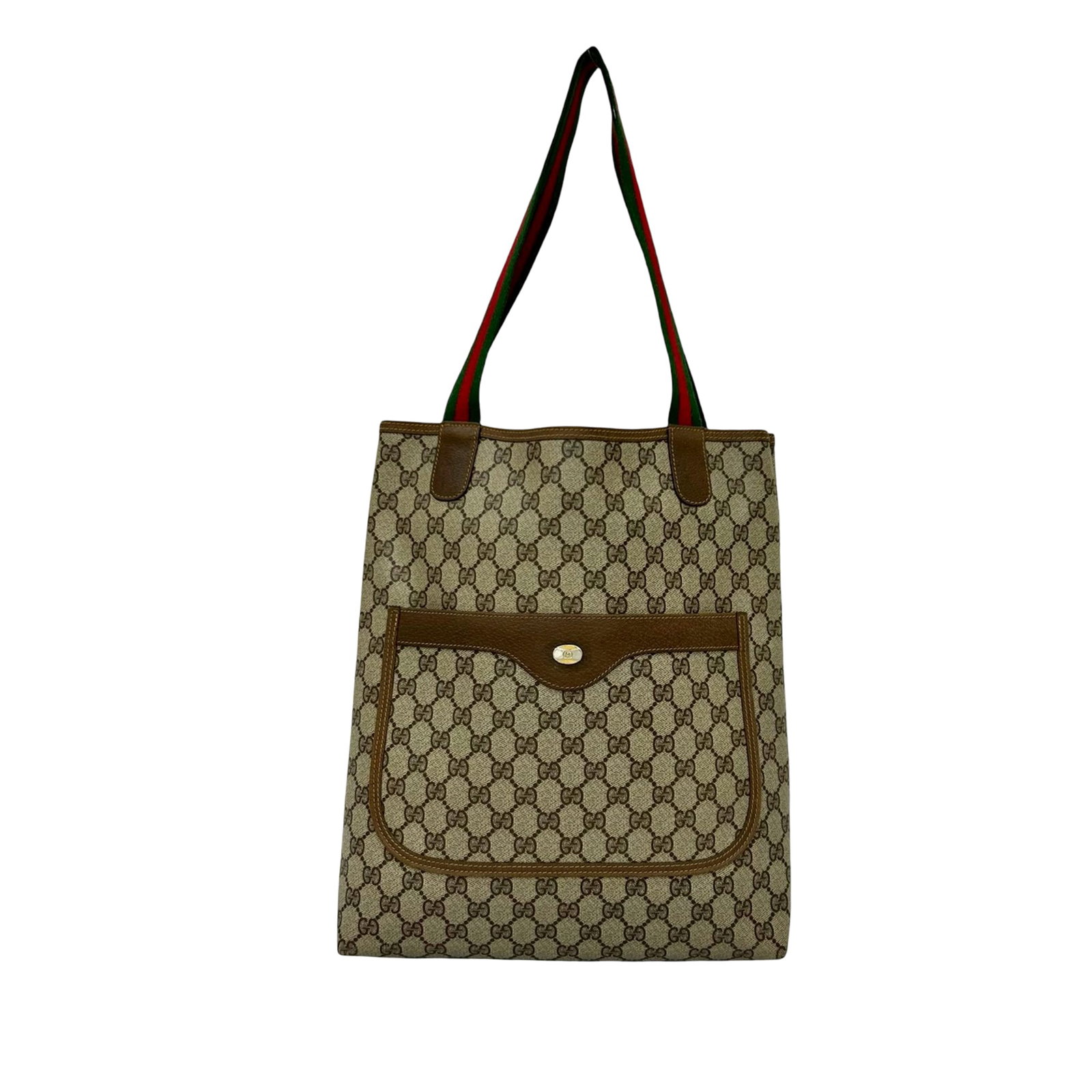 GG Supreme Web Coated Canvas Tote Bag with Leather Trim: GG Supreme Web Coated Canvas Tote Bag with Leather Trim This Gucci GG Supreme Web Tote features a coated canvas body with leather trim and flat canvas straps accented by the signature web detail. The 