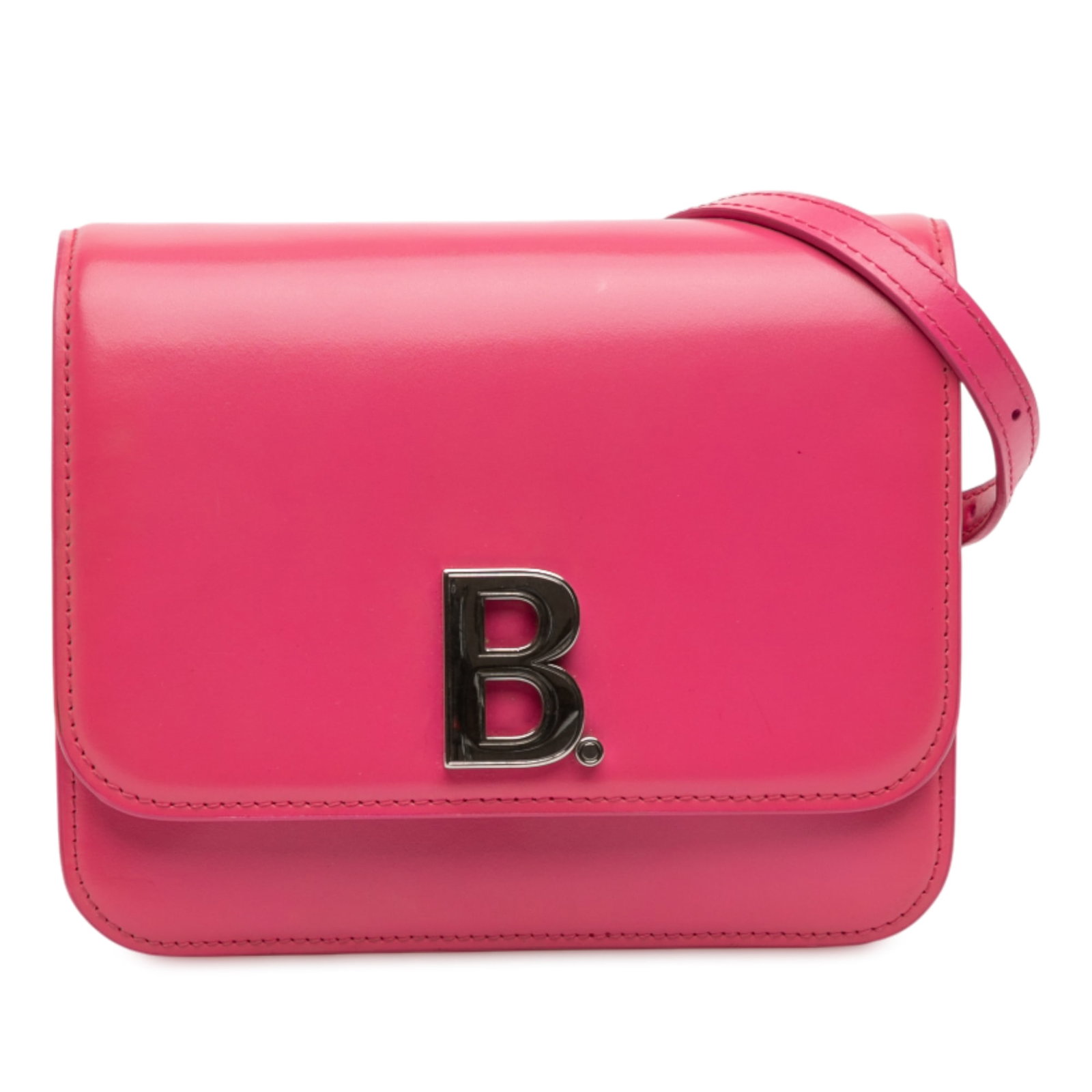 Balenciaga Pink Small Leather B Flap Crossbody Bag with Zip Pocket: Balenciaga Pink Small Leather B Flap Crossbody Bag with Zip Pocket This Balenciaga Small Calfskin B Crossbody bag showcases a pink leather exterior with a flat leather strap and a top flap secured by 